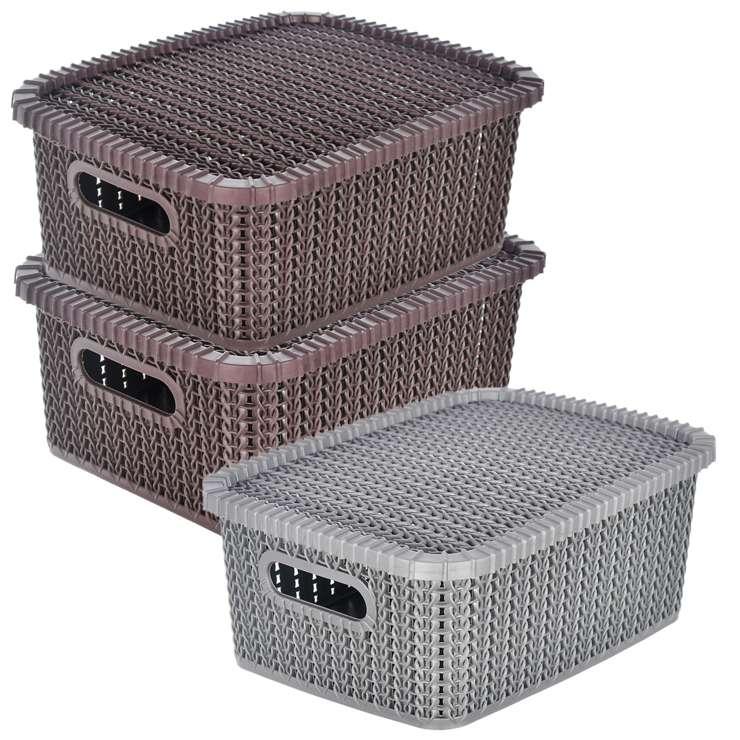 Kuber Industries Multiuses Large M 20 Plastic Basket/Organizer With Lid- Pack of 3 (Brown & Grey & Brown) -46KM079