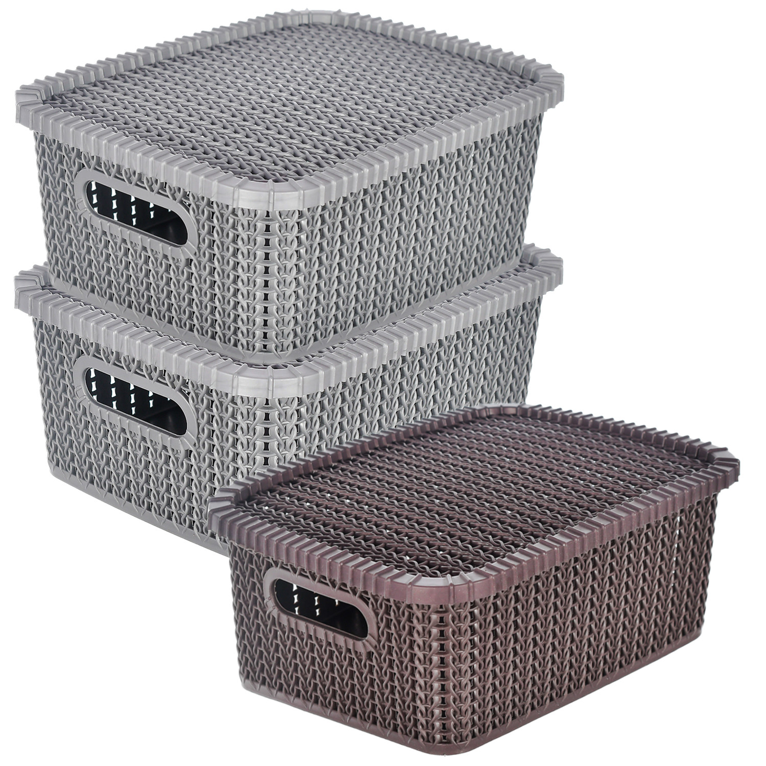 Kuber Industries Multiuses Large M 20 Plastic Basket/Organizer With Lid- Pack of 3 (Grey & Brown & Grey) -46KM081