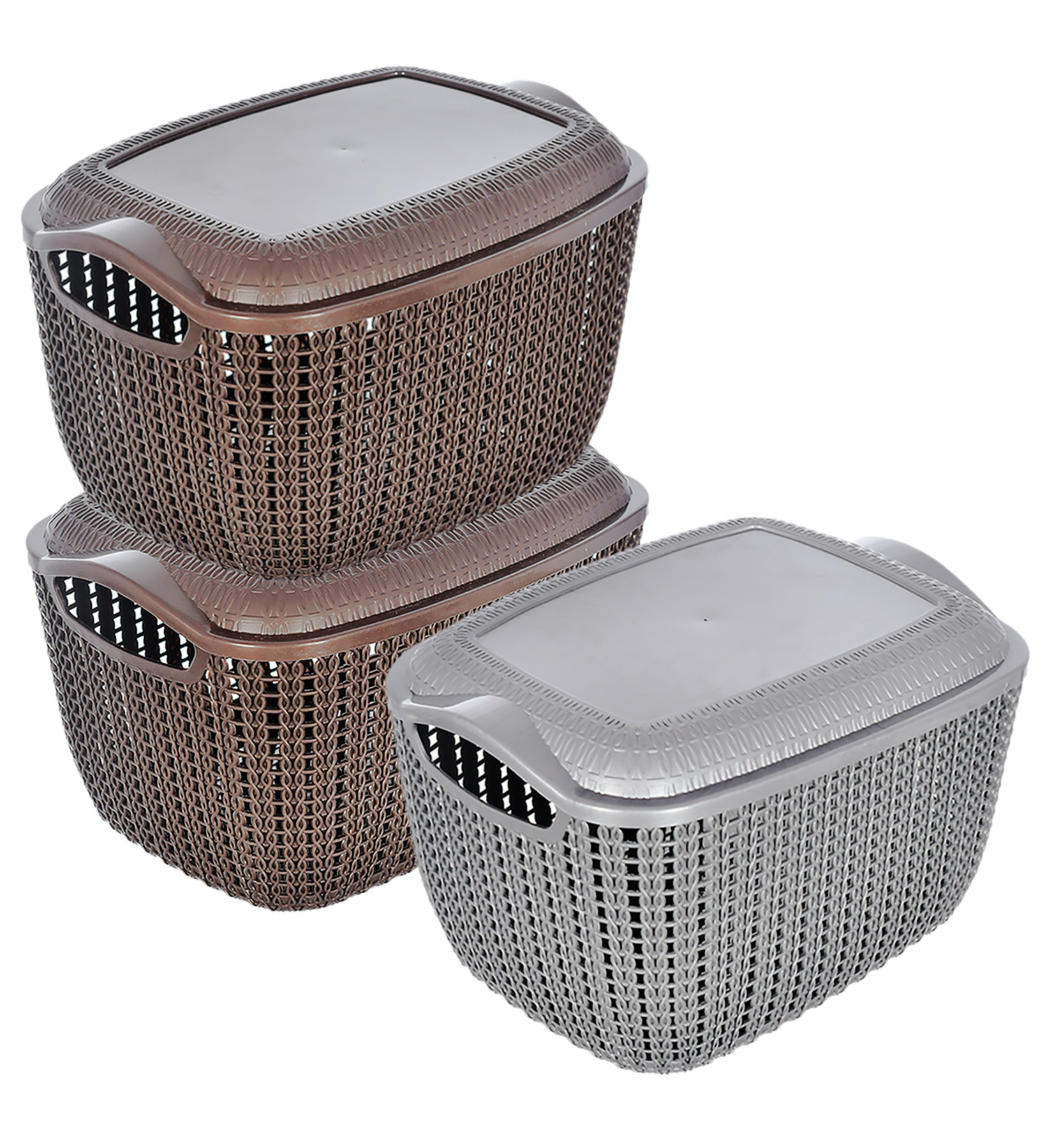 Kuber Industries Multiuses Large M 30 Plastic Basket/Organizer With Lid- Pack of 3 (Brown & Grey & Brown) -46KM023