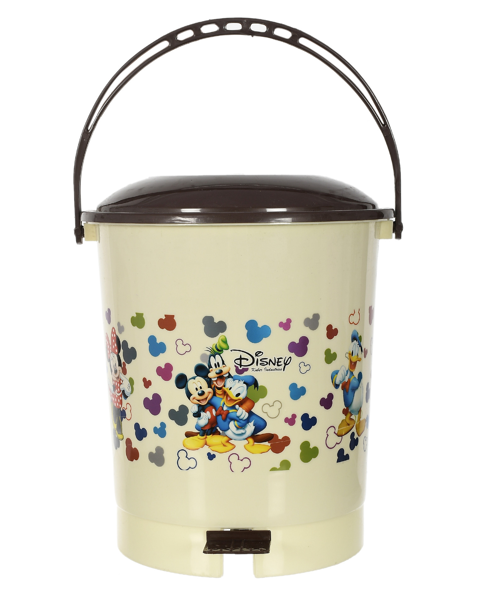 Kuber Industries Multiuses Mickey & Friends Print Plastic Dustbin For Home, Kitchen, Office, Bathroom With Swing Lid 10 Litre (Cream)