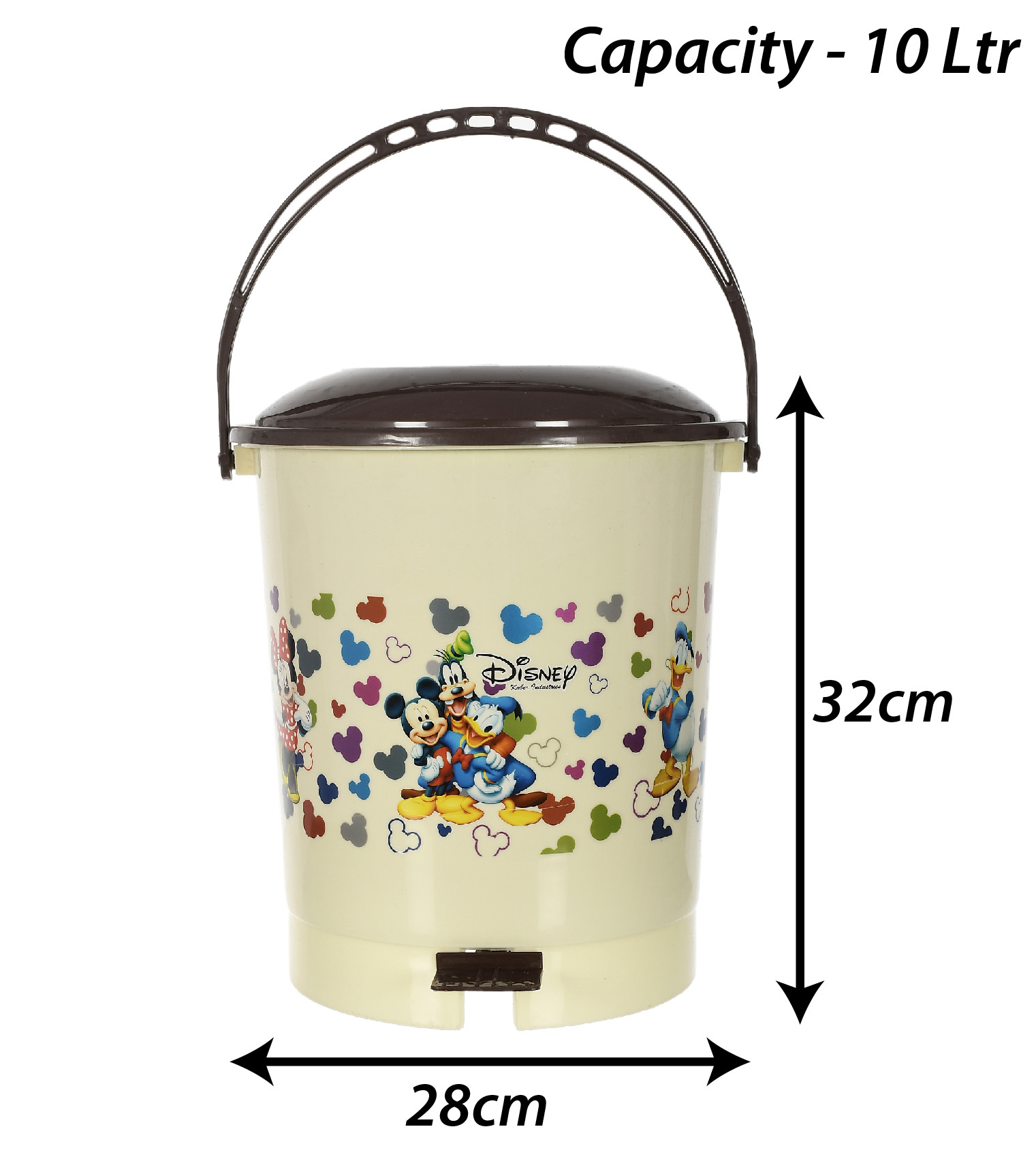 Kuber Industries Multiuses Mickey & Friends Print Plastic Dustbin For Home, Kitchen, Office, Bathroom With Swing Lid 10 Litre (Cream)