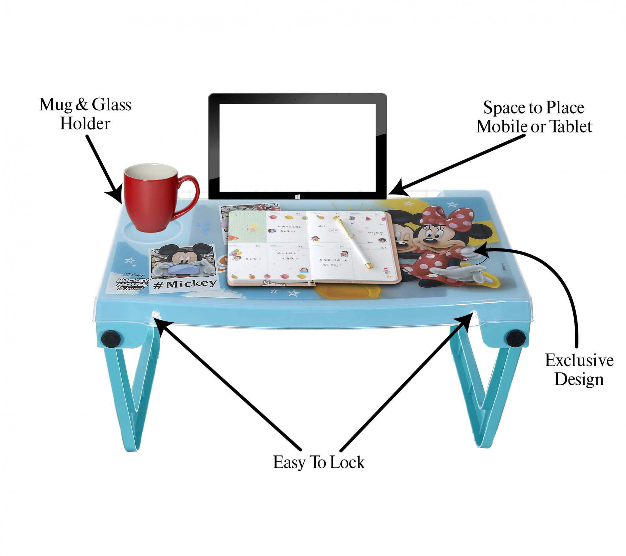 Kuber Industries Multiuses Mickey Mouse Print Plastic Study Desk/Laptop Table With Camparment For Home & Office (Mint Green)