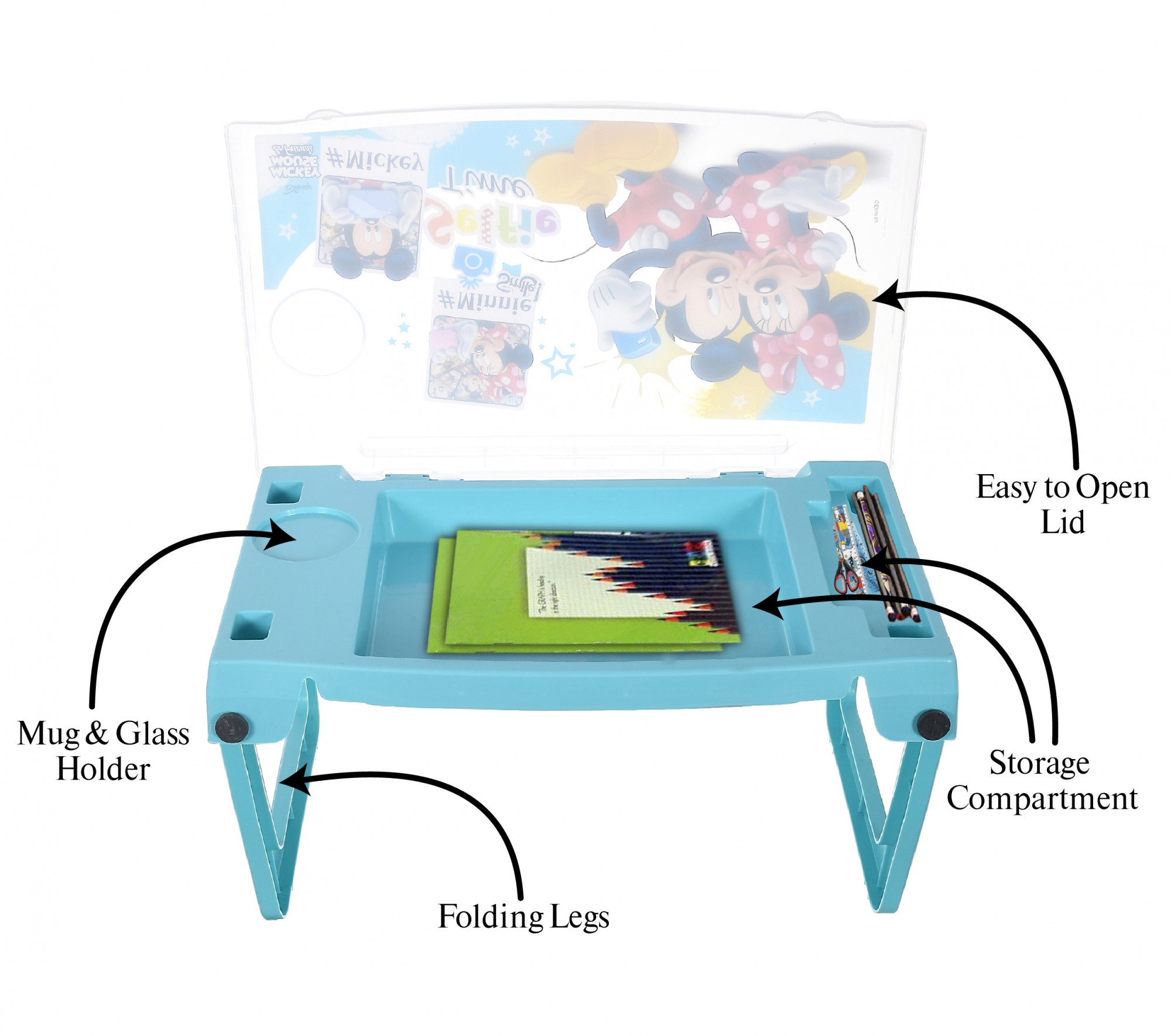 Kuber Industries Multiuses Mickey Mouse Print Plastic Study Desk/Laptop Table With Camparment For Home & Office (Mint Green)