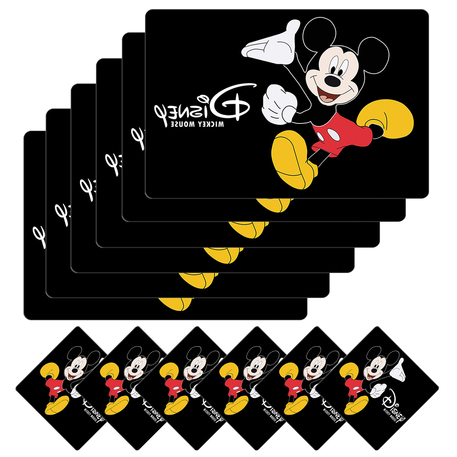 Kuber Industries Multiuses Mickey Mouse Print PVC Table Placemat With 6 Coasters for kitchen, Dining Table Set of 6 (Black)