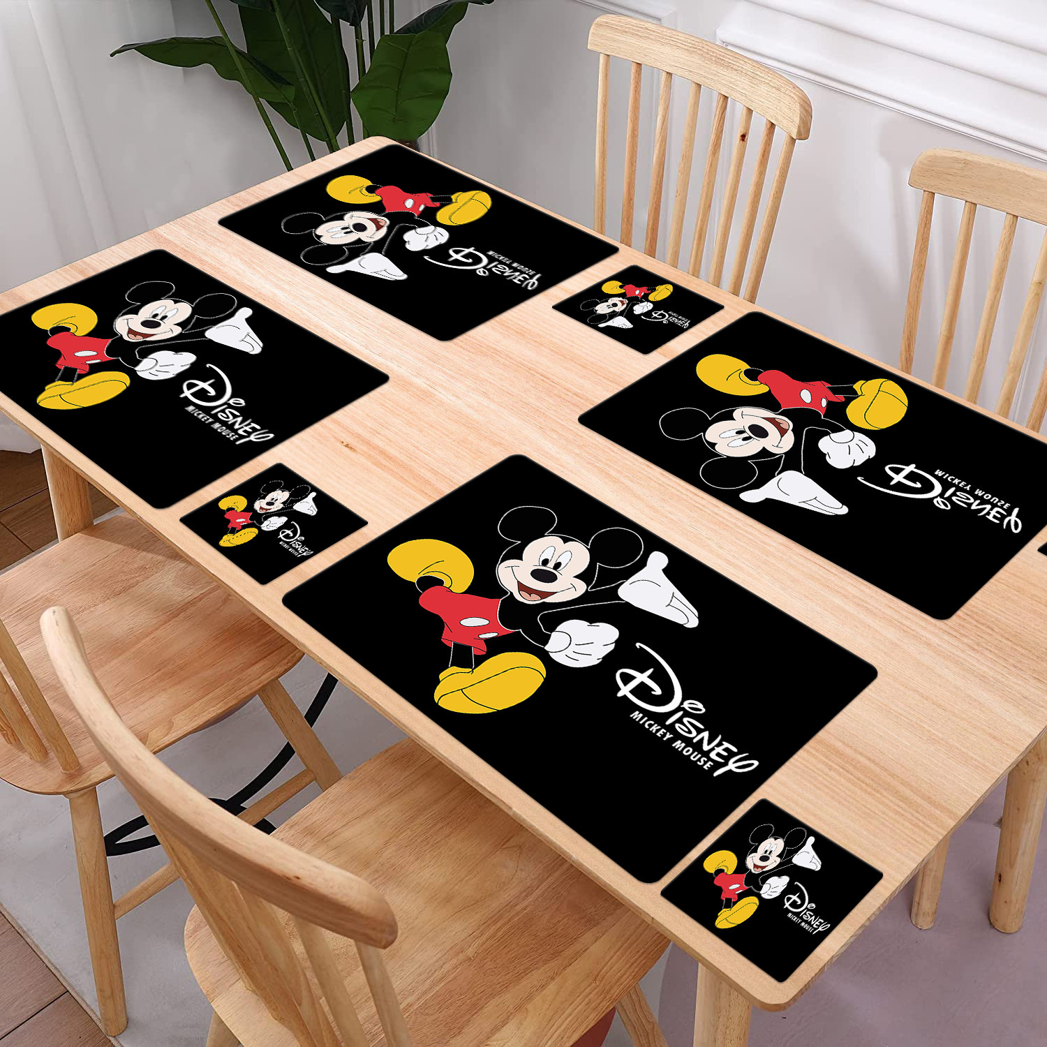 Kuber Industries Multiuses Mickey Mouse Print PVC Table Placemat With 6 Coasters for kitchen, Dining Table Set of 6 (Black)