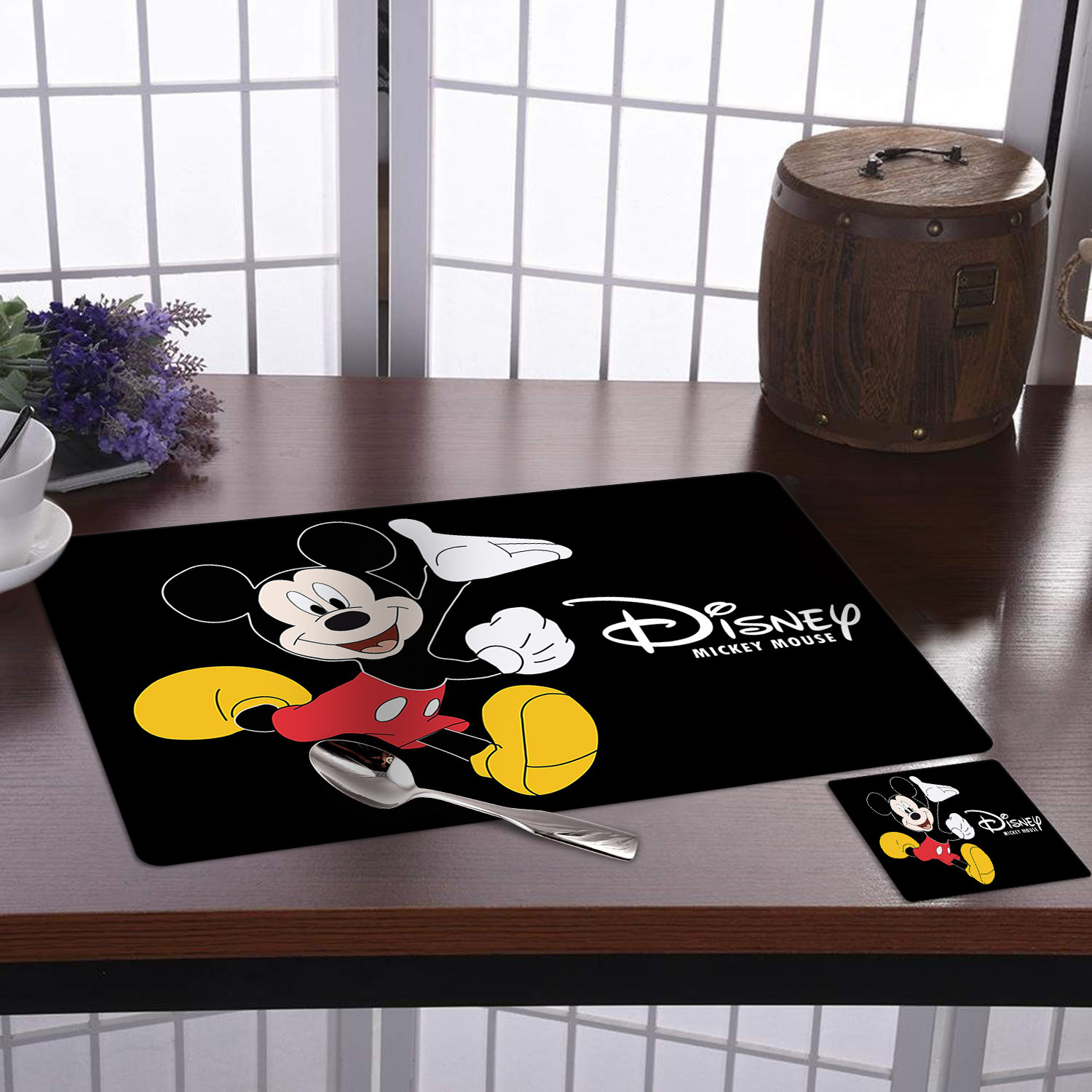 Kuber Industries Multiuses Mickey Mouse Print PVC Table Placemat With 6 Coasters for kitchen, Dining Table Set of 6 (Black)