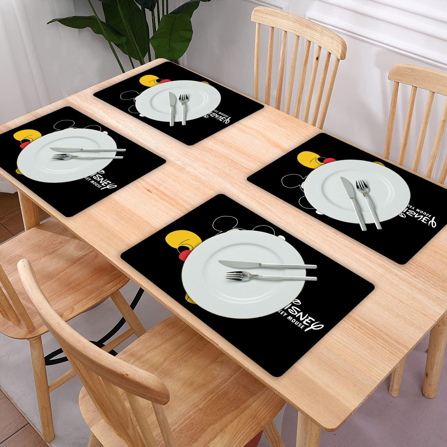 Kuber Industries Multiuses Mickey Mouse Print PVC Table Placemat With 6 Coasters for kitchen, Dining Table Set of 6 (Black)