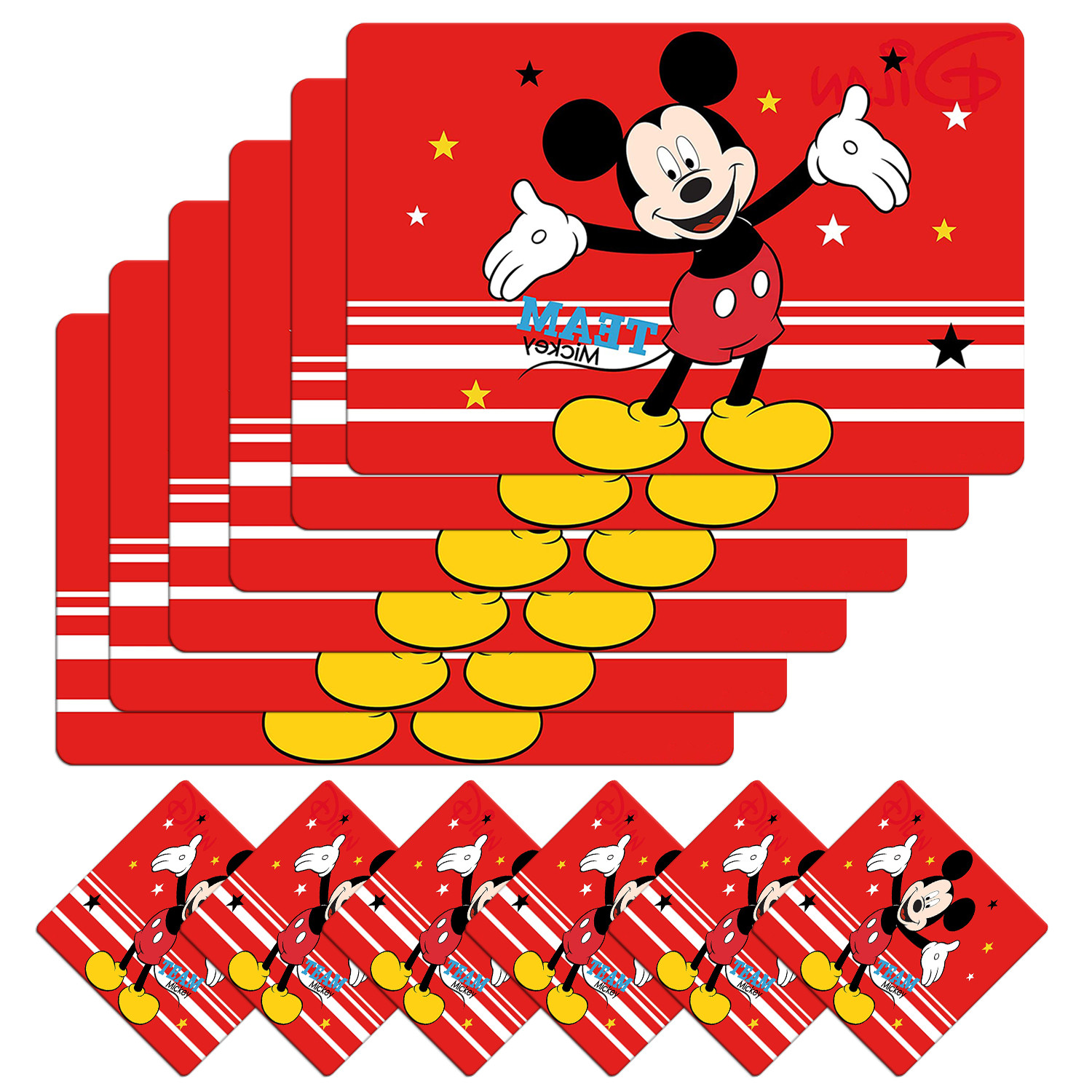 Kuber Industries Multiuses Mickey Mouse Print PVC Table Placemat With 6 Coasters for kitchen, Dining Table Set of 6 (Red)