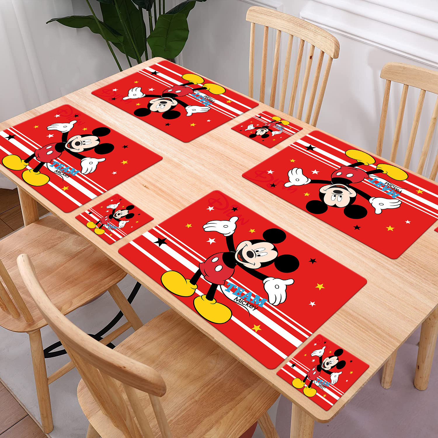 Kuber Industries Multiuses Mickey Mouse Print PVC Table Placemat With 6 Coasters for kitchen, Dining Table Set of 6 (Red)