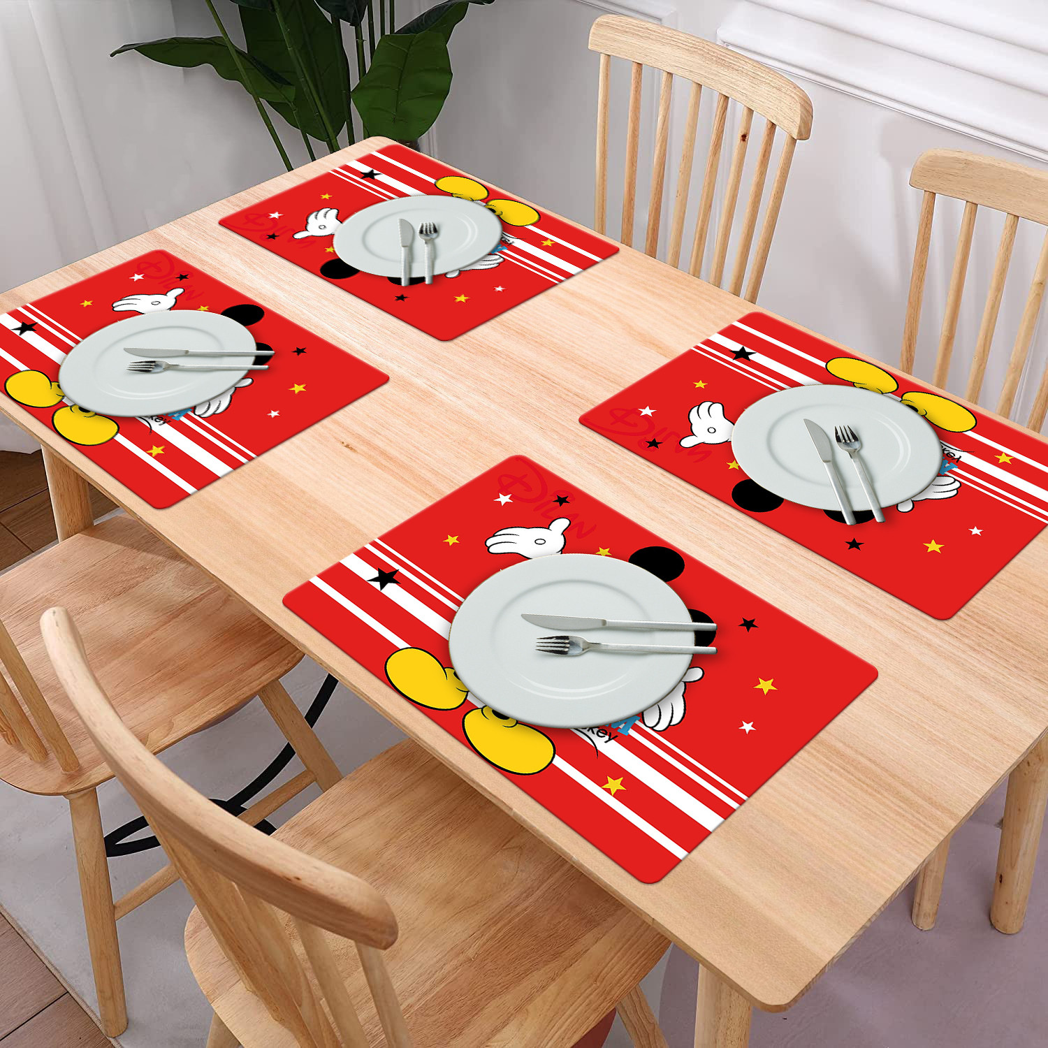 Kuber Industries Multiuses Mickey Mouse Print PVC Table Placemat With 6 Coasters for kitchen, Dining Table Set of 6 (Red)