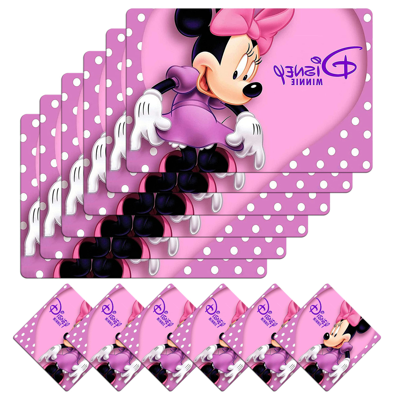 Kuber Industries Multiuses Minnie Print PVC Table Placemat With 6 Coasters for kitchen, Dining Table Set of 6 (Pink)