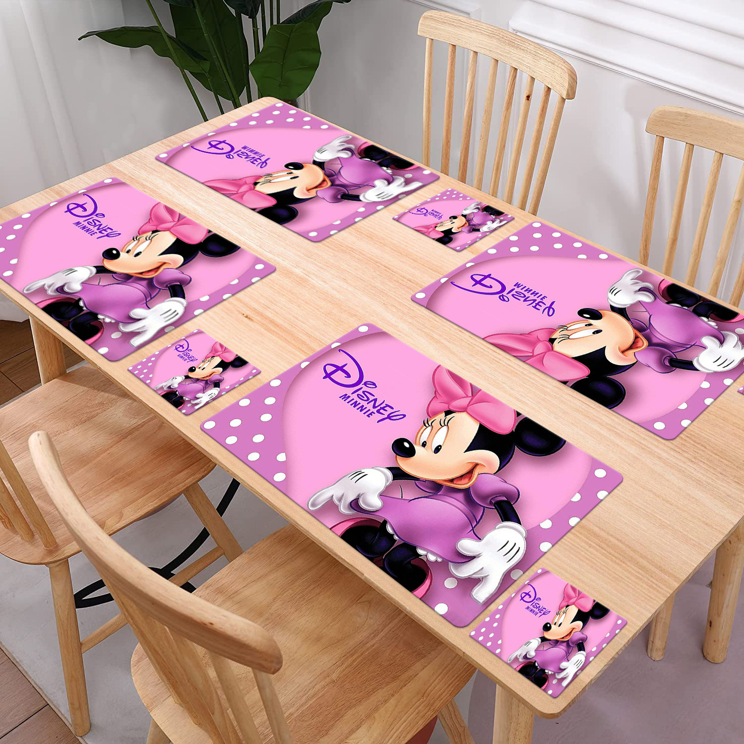 Kuber Industries Multiuses Minnie Print PVC Table Placemat With 6 Coasters for kitchen, Dining Table Set of 6 (Pink)