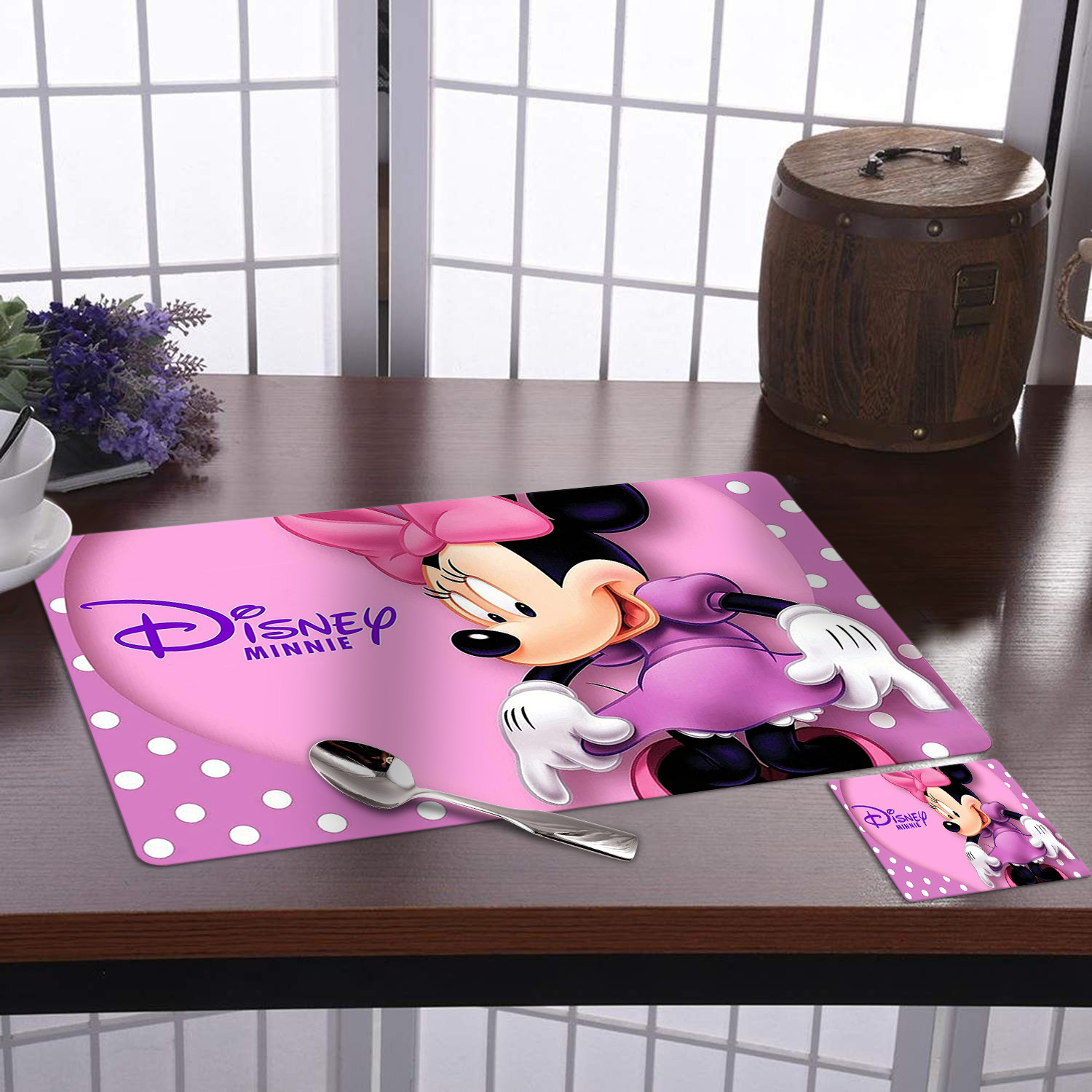 Kuber Industries Multiuses Minnie Print PVC Table Placemat With 6 Coasters for kitchen, Dining Table Set of 6 (Pink)
