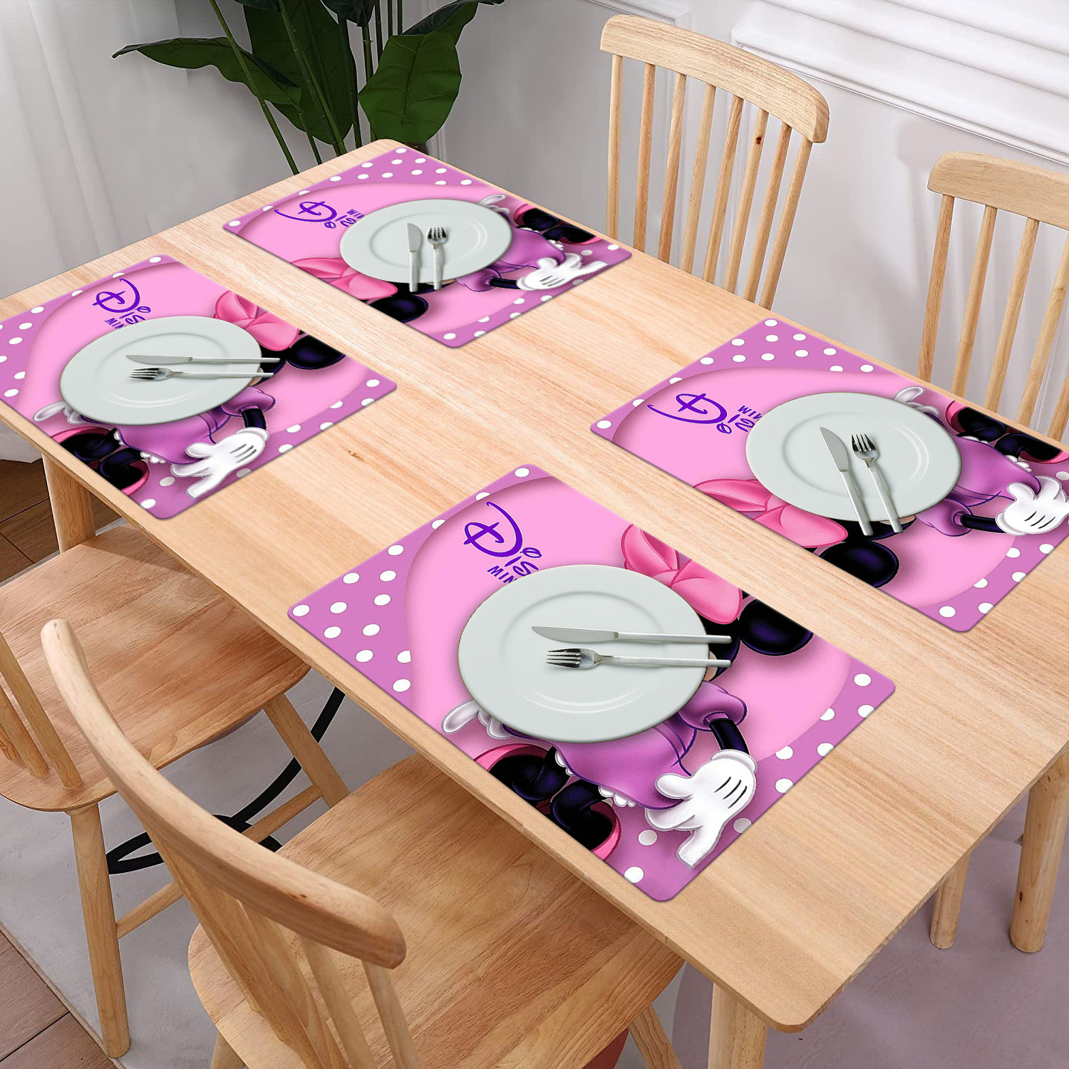 Kuber Industries Multiuses Minnie Print PVC Table Placemat With 6 Coasters for kitchen, Dining Table Set of 6 (Pink)