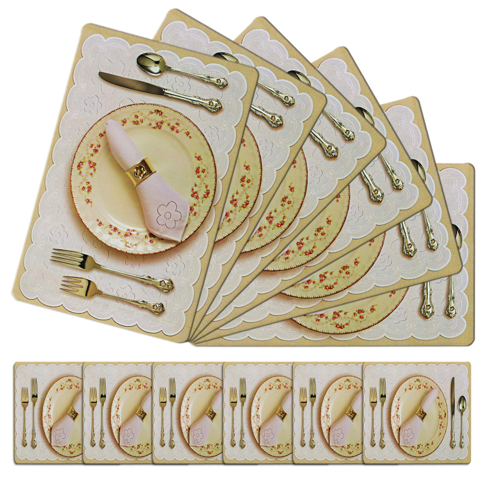 Kuber Industries Multiuses Plate &amp; Spoon Print PVC Table Placemat With 6 Coasters for kitchen, Dining Table Set of 6 (Golden)