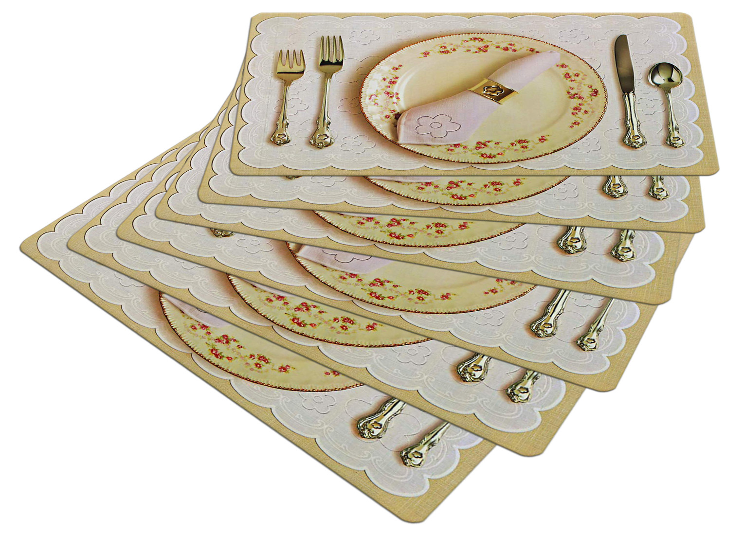 Kuber Industries Multiuses Plate & Spoon Print PVC Table Placemat With 6 Coasters for kitchen, Dining Table Set of 6 (Golden)