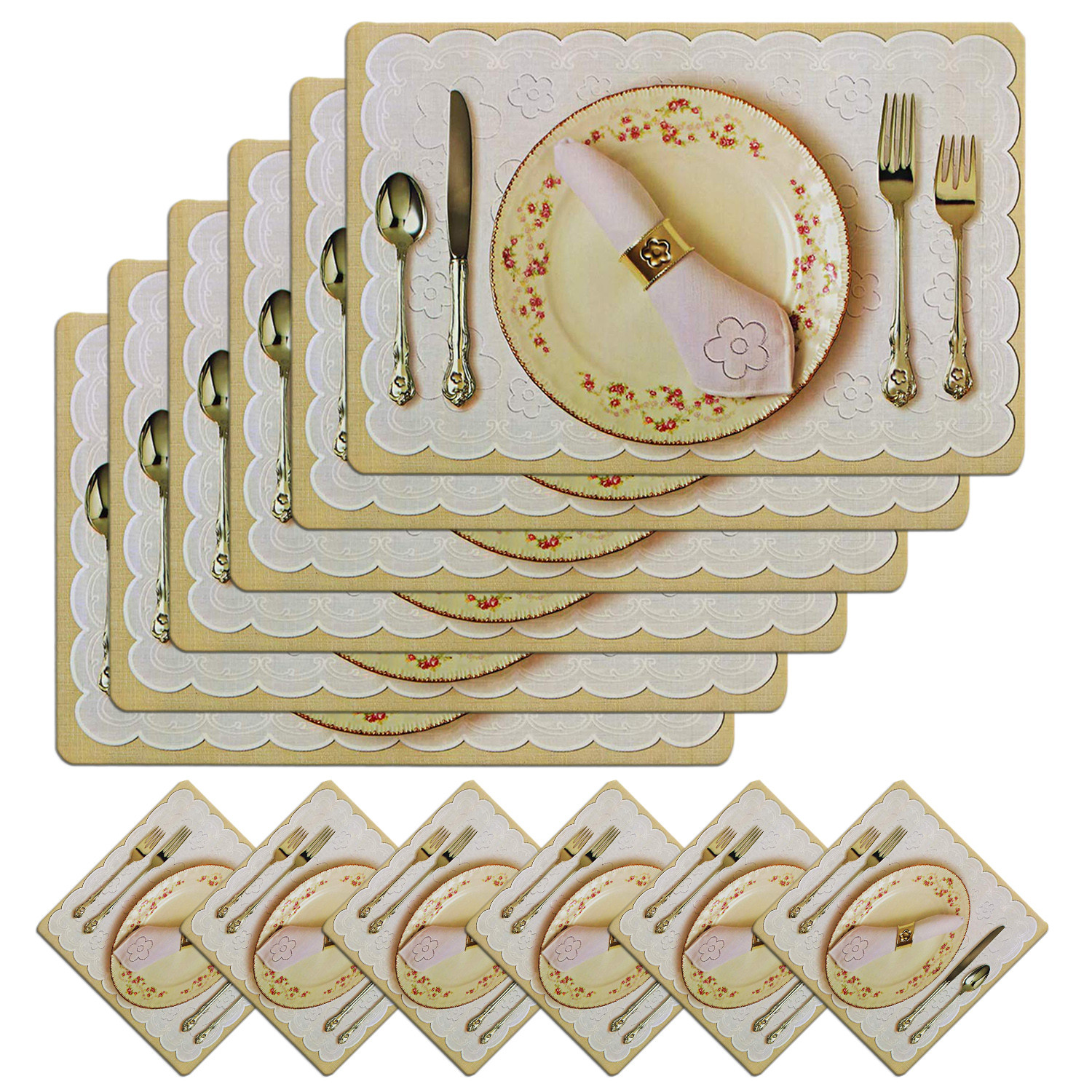 Kuber Industries Multiuses Plate & Spoon Print PVC Table Placemat With 6 Coasters for kitchen, Dining Table Set of 6 (Golden)
