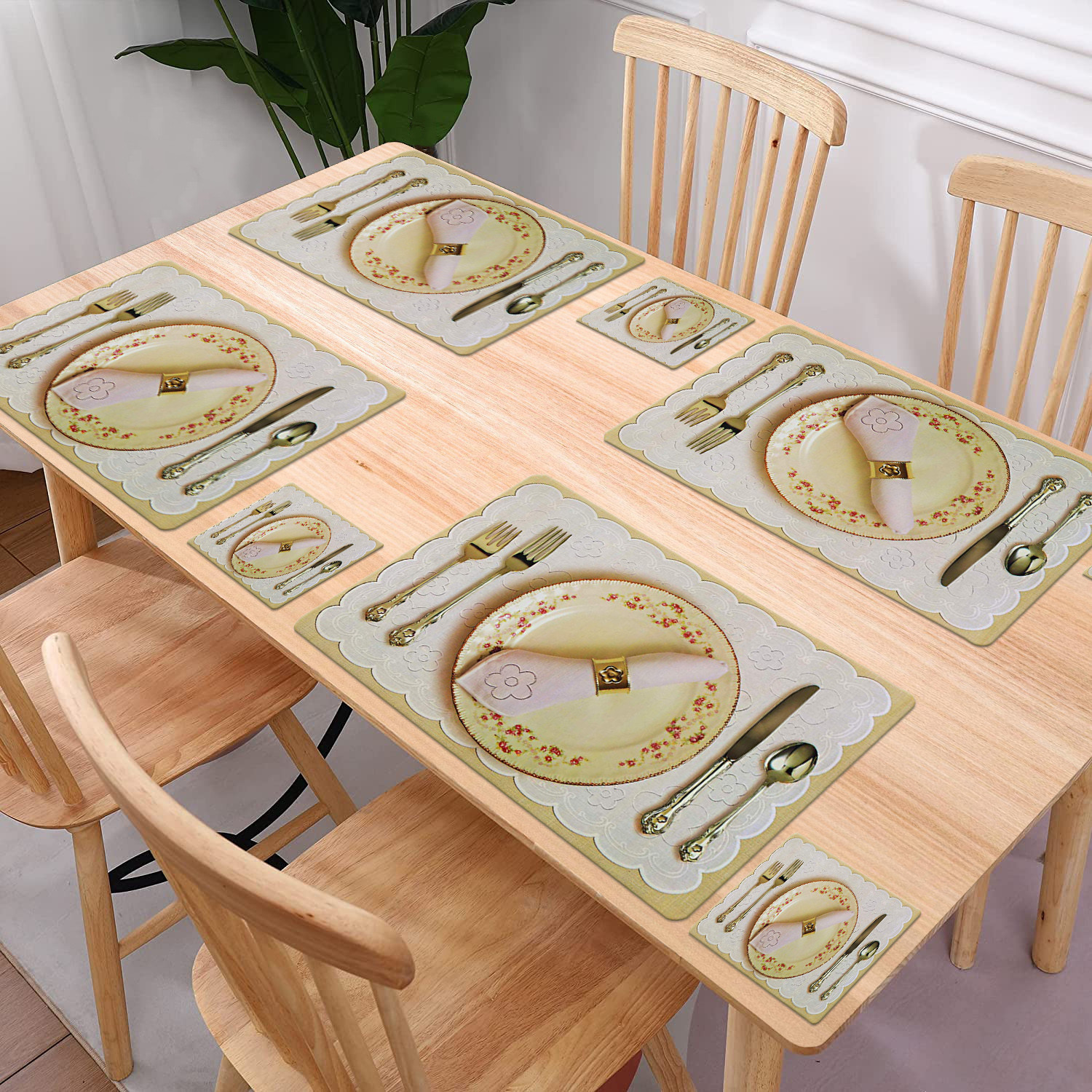 Kuber Industries Multiuses Plate & Spoon Print PVC Table Placemat With 6 Coasters for kitchen, Dining Table Set of 6 (Golden)