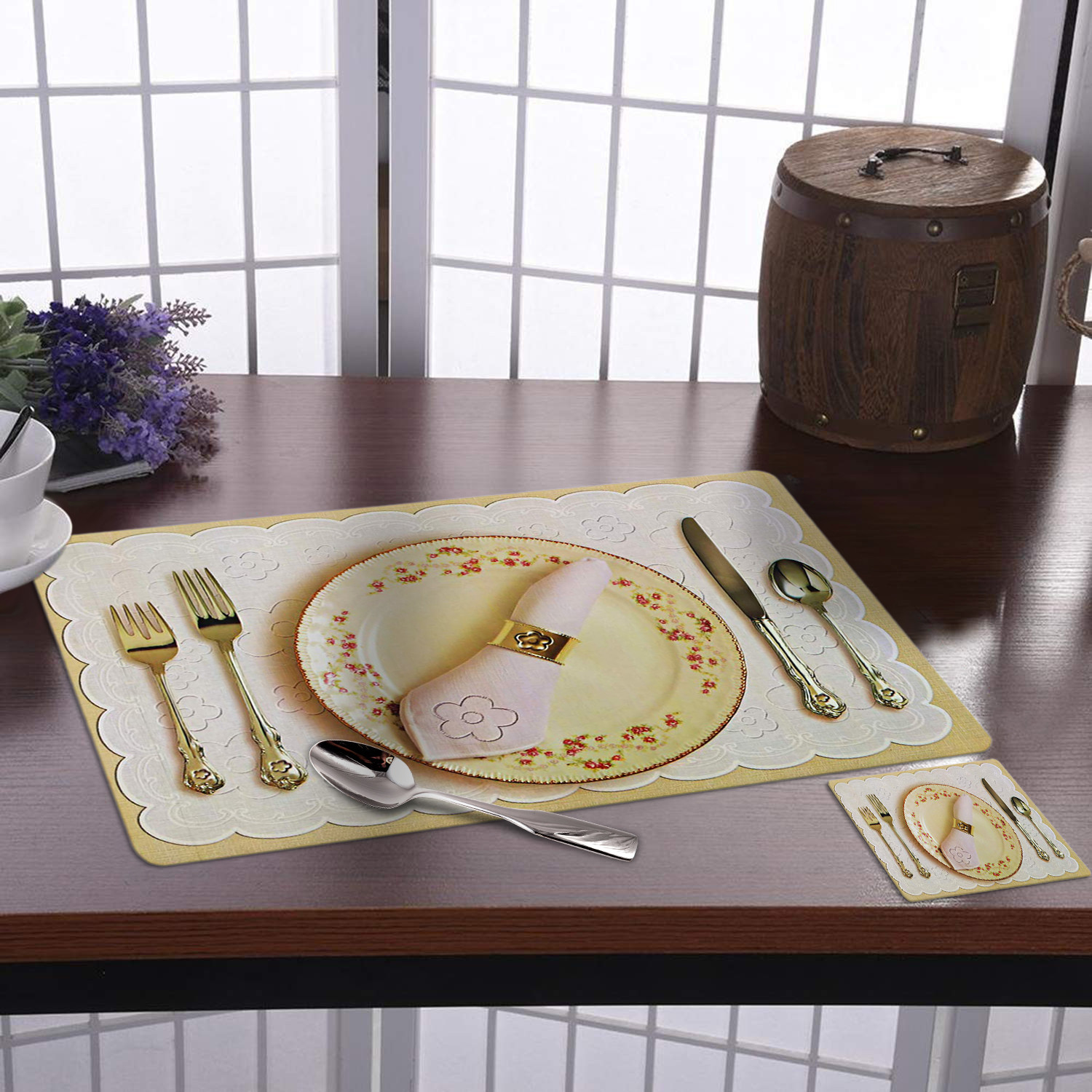 Kuber Industries Multiuses Plate & Spoon Print PVC Table Placemat With 6 Coasters for kitchen, Dining Table Set of 6 (Golden)