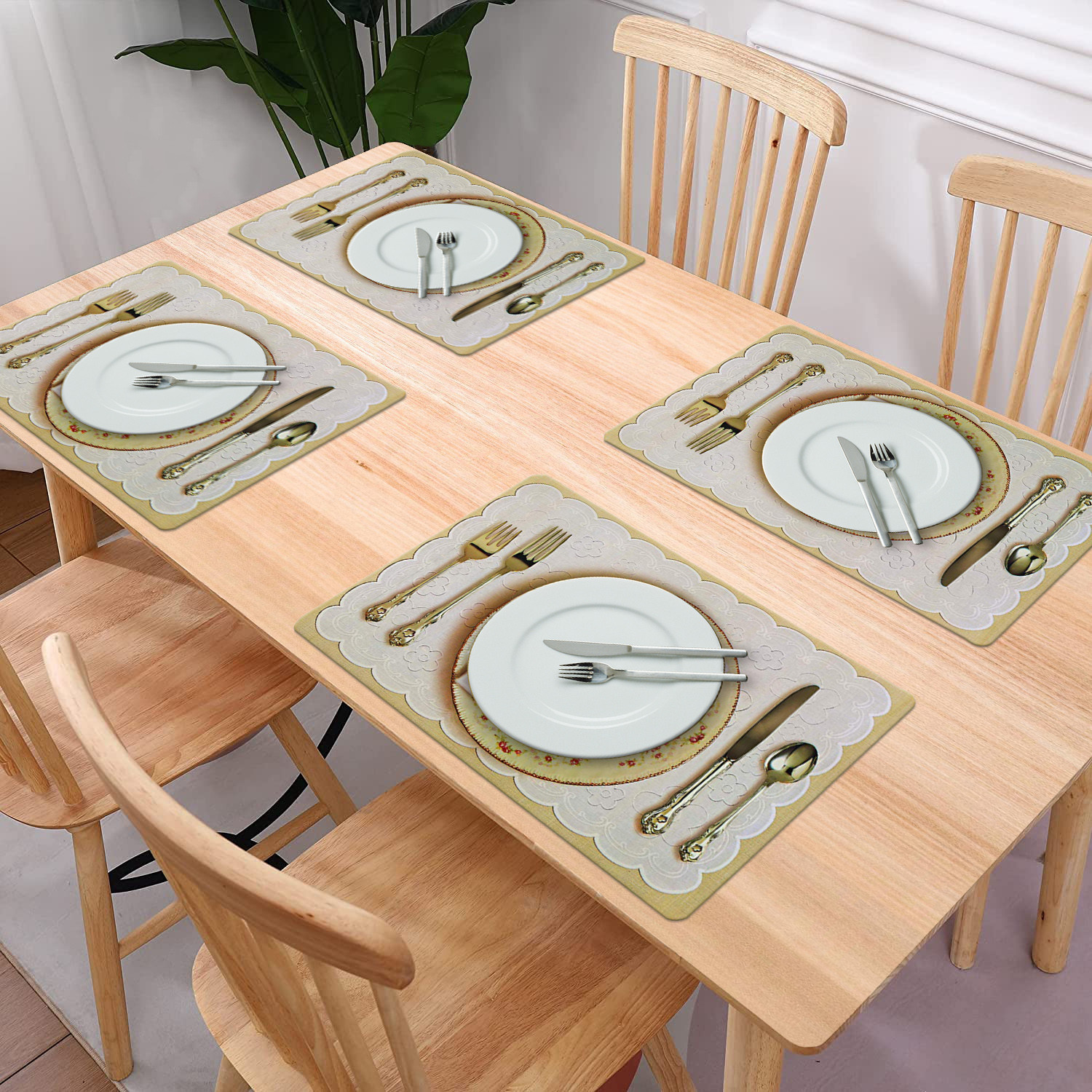 Kuber Industries Multiuses Plate & Spoon Print PVC Table Placemat With 6 Coasters for kitchen, Dining Table Set of 6 (Golden)