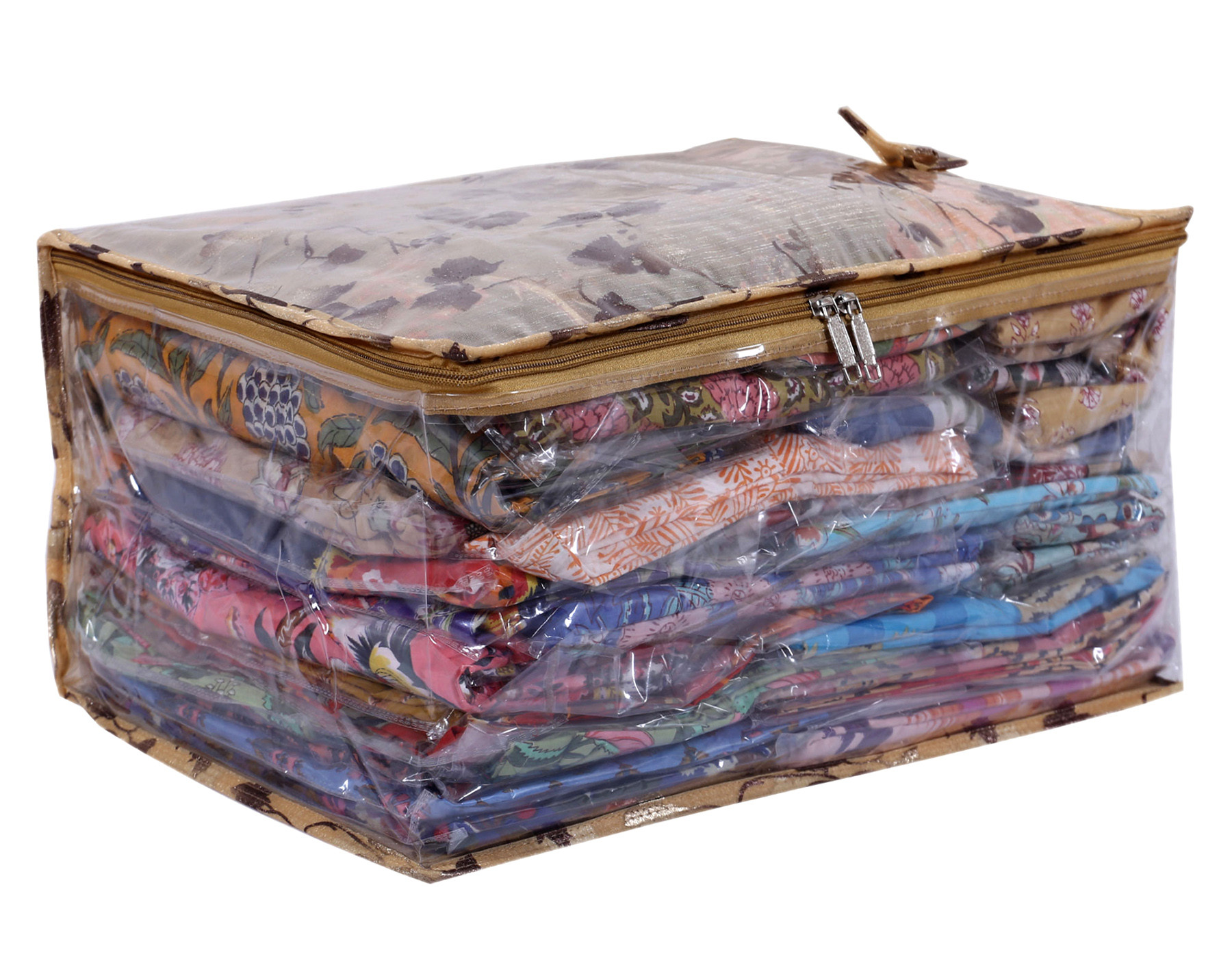 Kuber Industries Multiuses PVC Flower Print Wardrobe Organizer/Storage Bag For Store Saree, Lehenga, Suit, Dress, Clothes With Transparent Window (Beige)