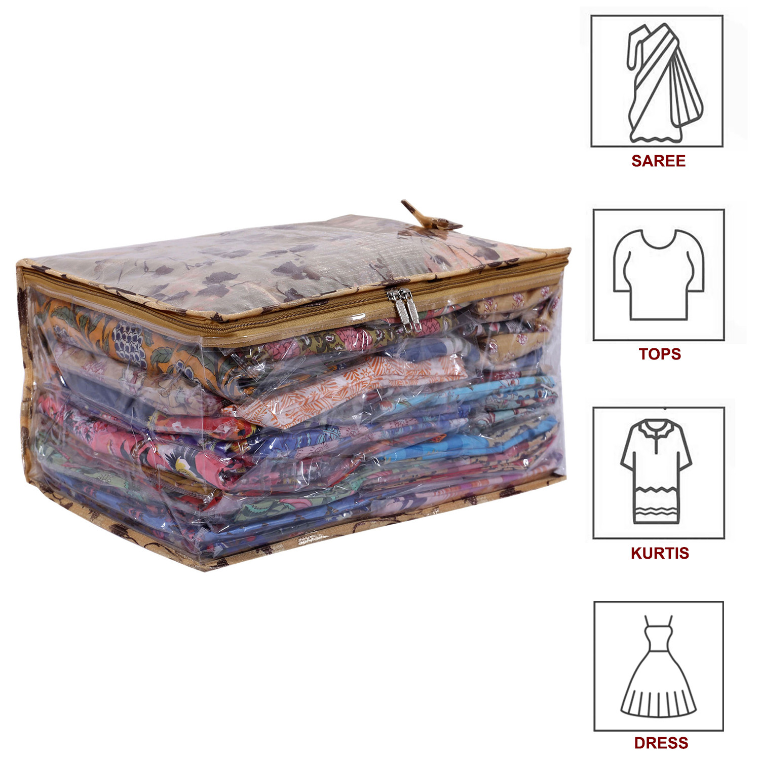 Kuber Industries Multiuses PVC Flower Print Wardrobe Organizer/Storage Bag For Store Saree, Lehenga, Suit, Dress, Clothes With Transparent Window (Beige)