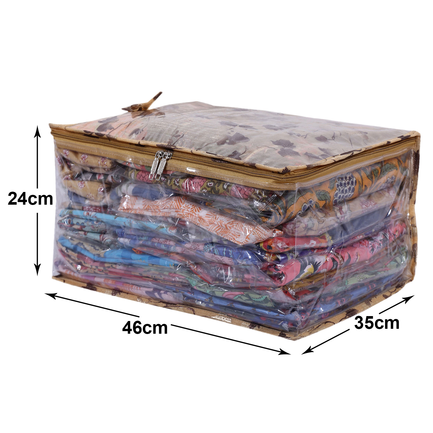 Kuber Industries Multiuses PVC Flower Print Wardrobe Organizer/Storage Bag For Store Saree, Lehenga, Suit, Dress, Clothes With Transparent Window (Beige)