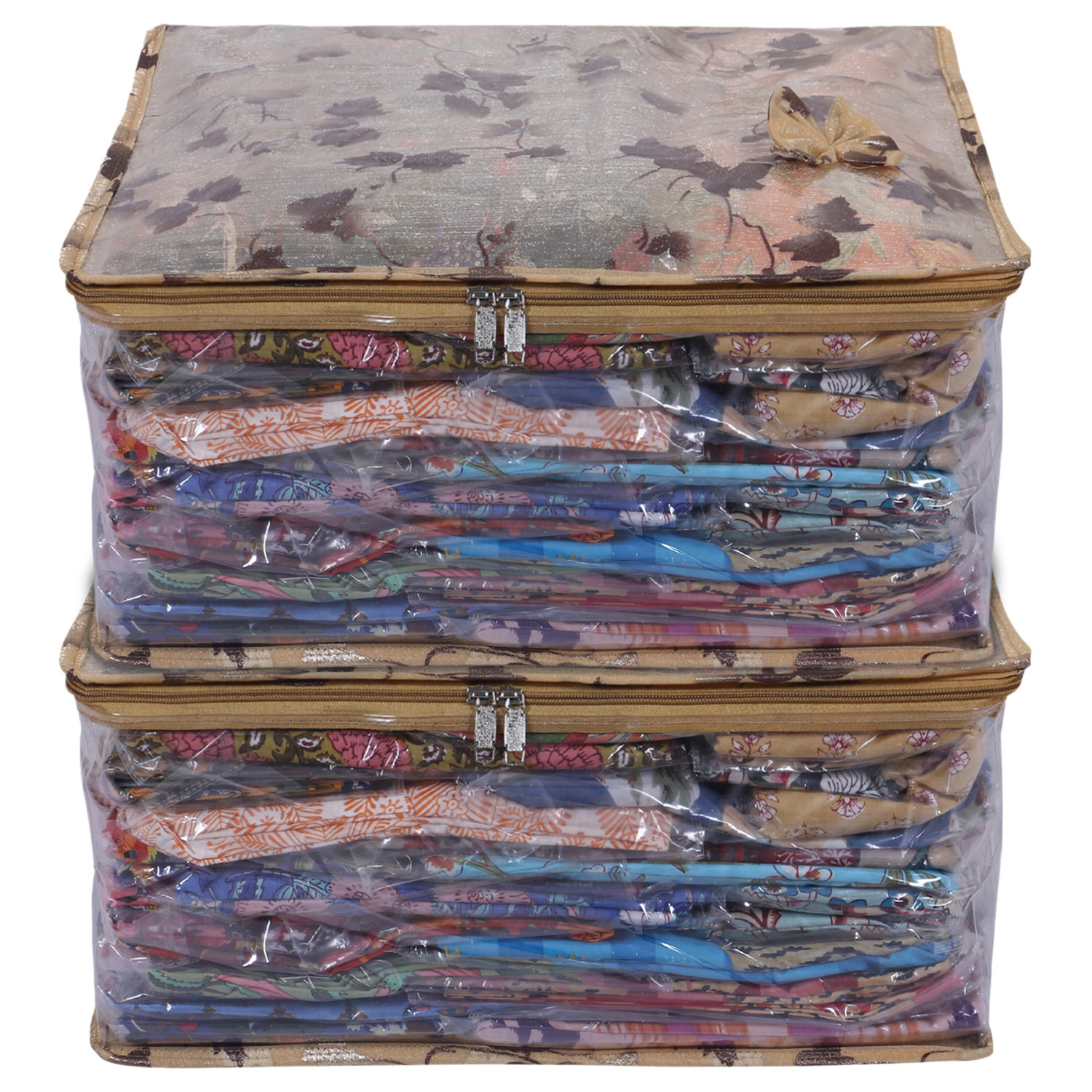 Kuber Industries Multiuses PVC Flower Print Wardrobe Organizer/Storage Bag For Store Saree, Lehenga, Suit, Dress, Clothes With Transparent Window (Beige)