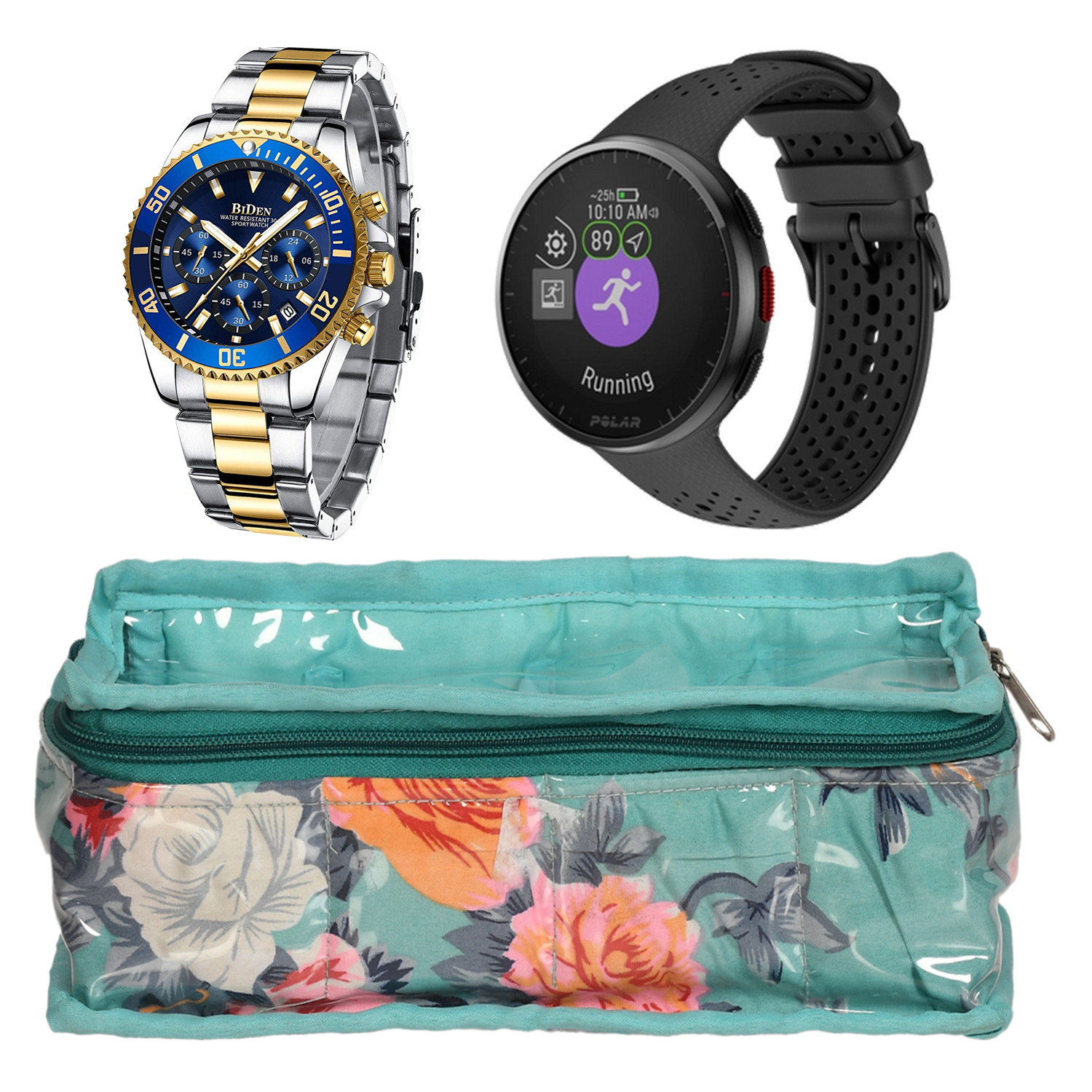 Kuber Industries Multiuses PVC Laminate Flower Print 4 Case Watch Organizer/Bracelet Organizer For Watches, Bracelet (Turquoise) 54KM4299