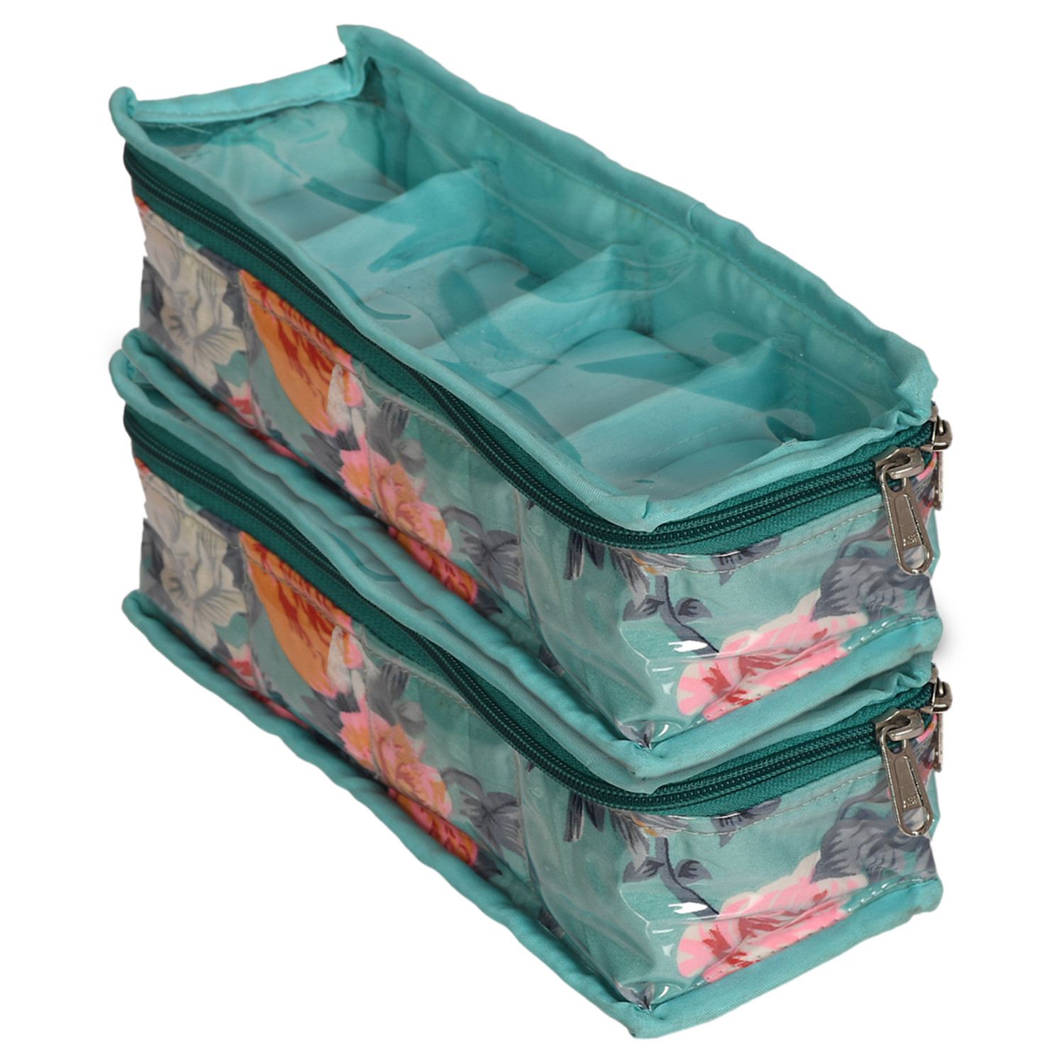Kuber Industries Multiuses PVC Laminate Flower Print 4 Case Watch Organizer/Bracelet Organizer For Watches, Bracelet (Turquoise) 54KM4299