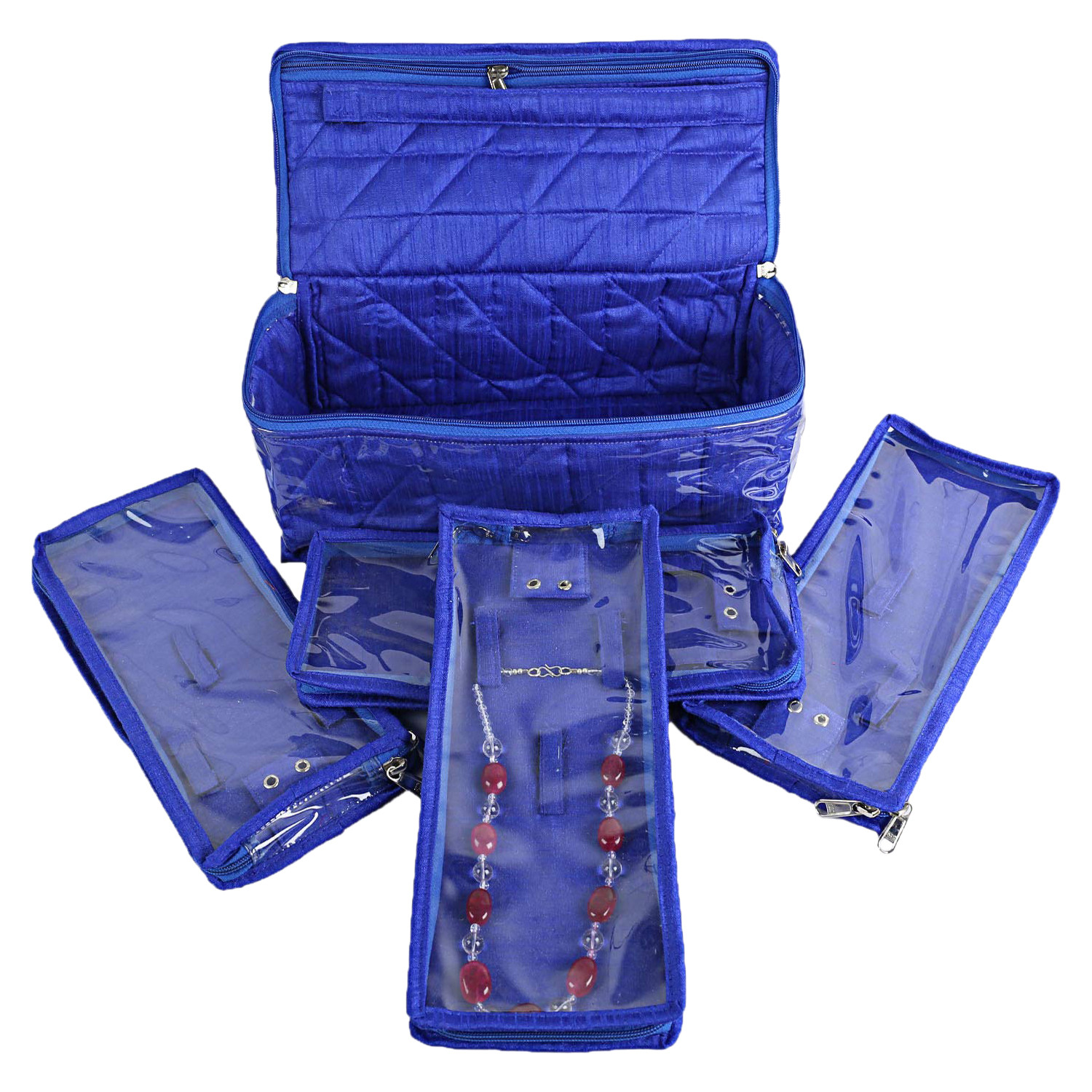 Kuber Industries Multiuses PVC Laminated Jewellery Locker Organizer With 4 Pouches (Blue)
