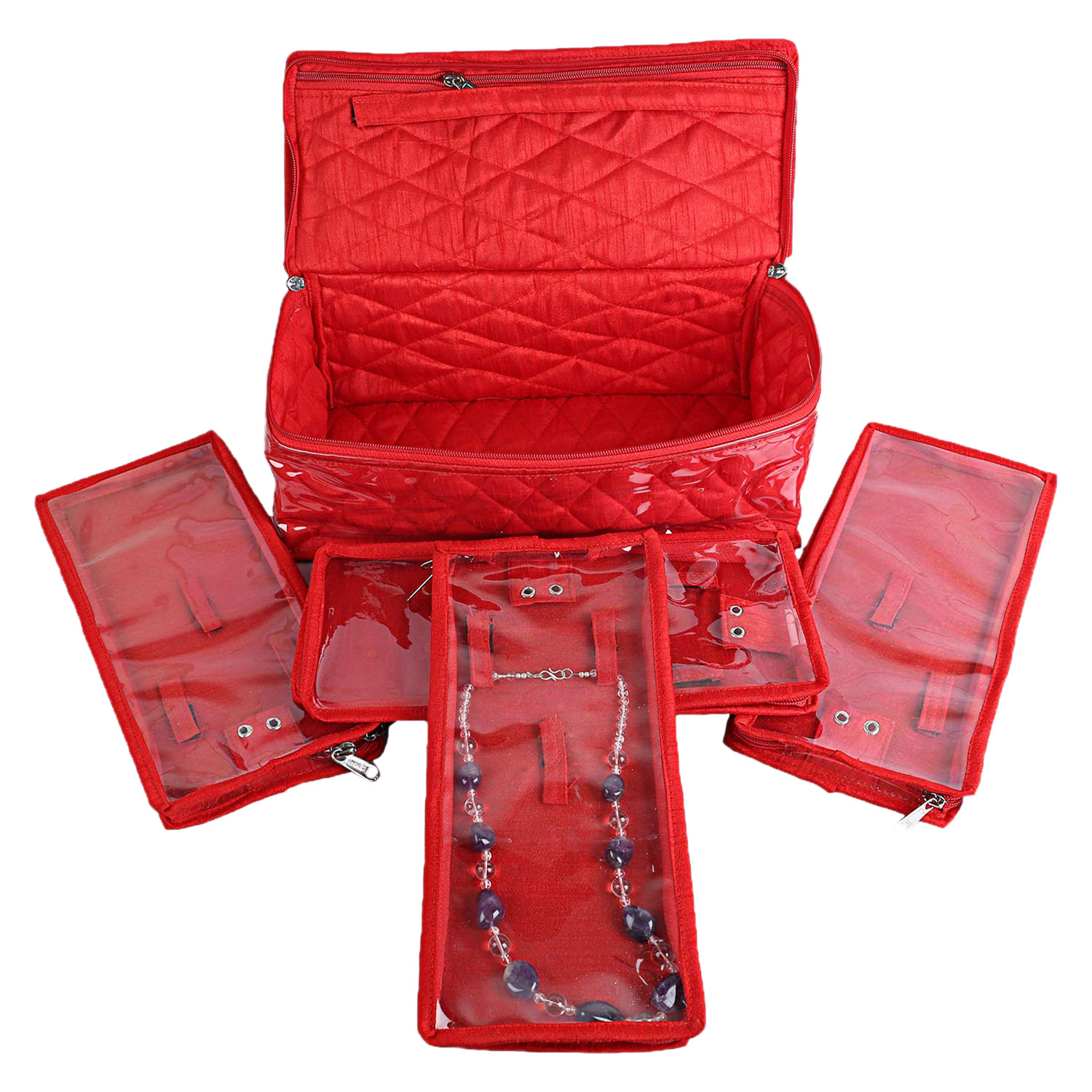 Kuber Industries Multiuses PVC Laminated Jewellery Locker Organizer With 4 Pouches (Red)