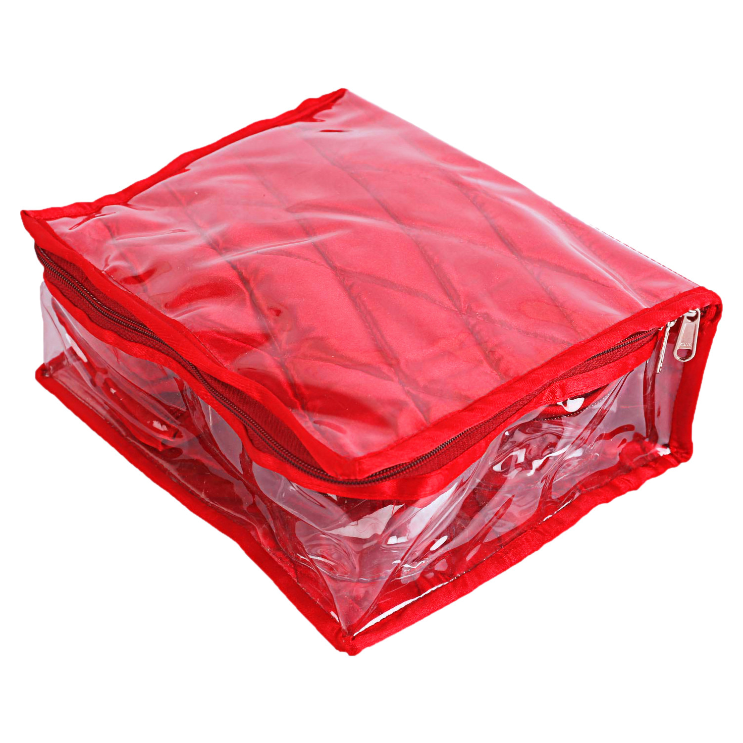 Kuber Industries Multiuses PVC Laminated Satin Jewellery Organizer With 4 Pouch & 2 Bangle Pouch (Red)