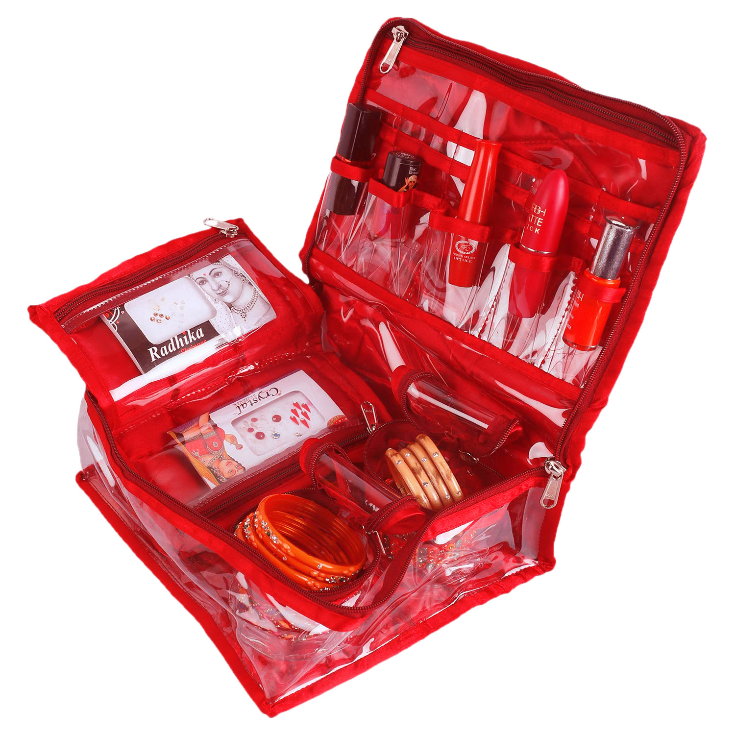 Kuber Industries Multiuses PVC Laminated Satin Jewellery Organizer With 4 Pouch & 2 Bangle Pouch (Red)