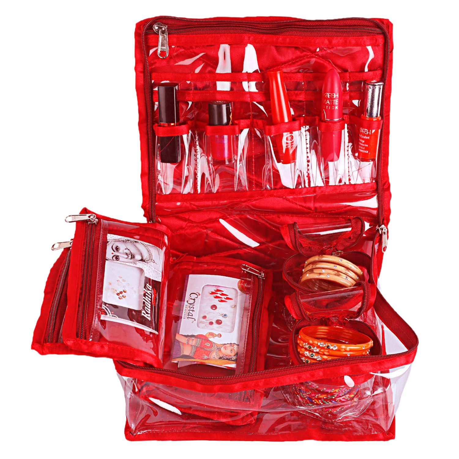 Kuber Industries Multiuses PVC Laminated Satin Jewellery Organizer With 4 Pouch & 2 Bangle Pouch (Red)