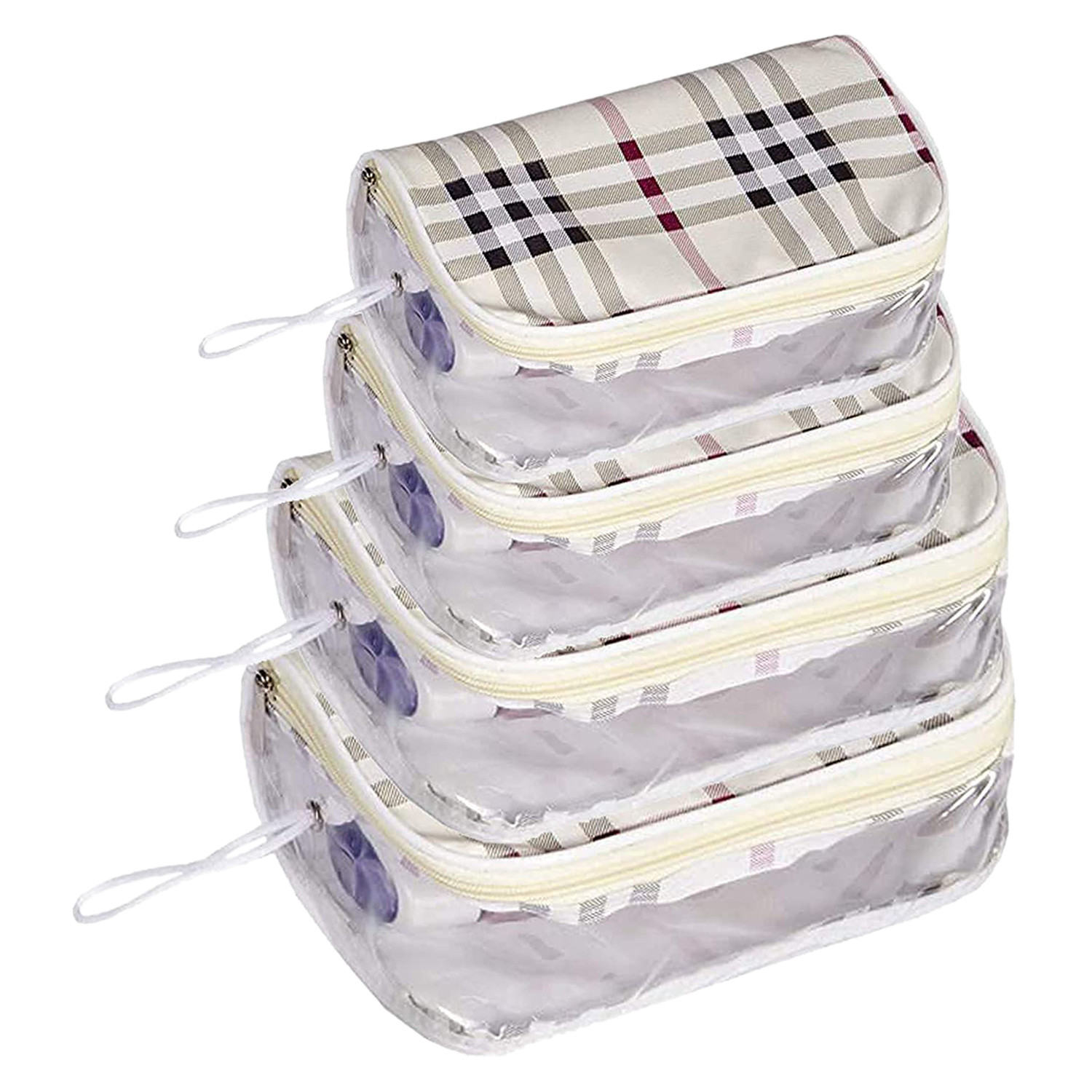 Kuber Industries Multiuses Rexine Check Print Travel Toiletry Bag/Dopp Kit For Traveling Set of 4 (White)