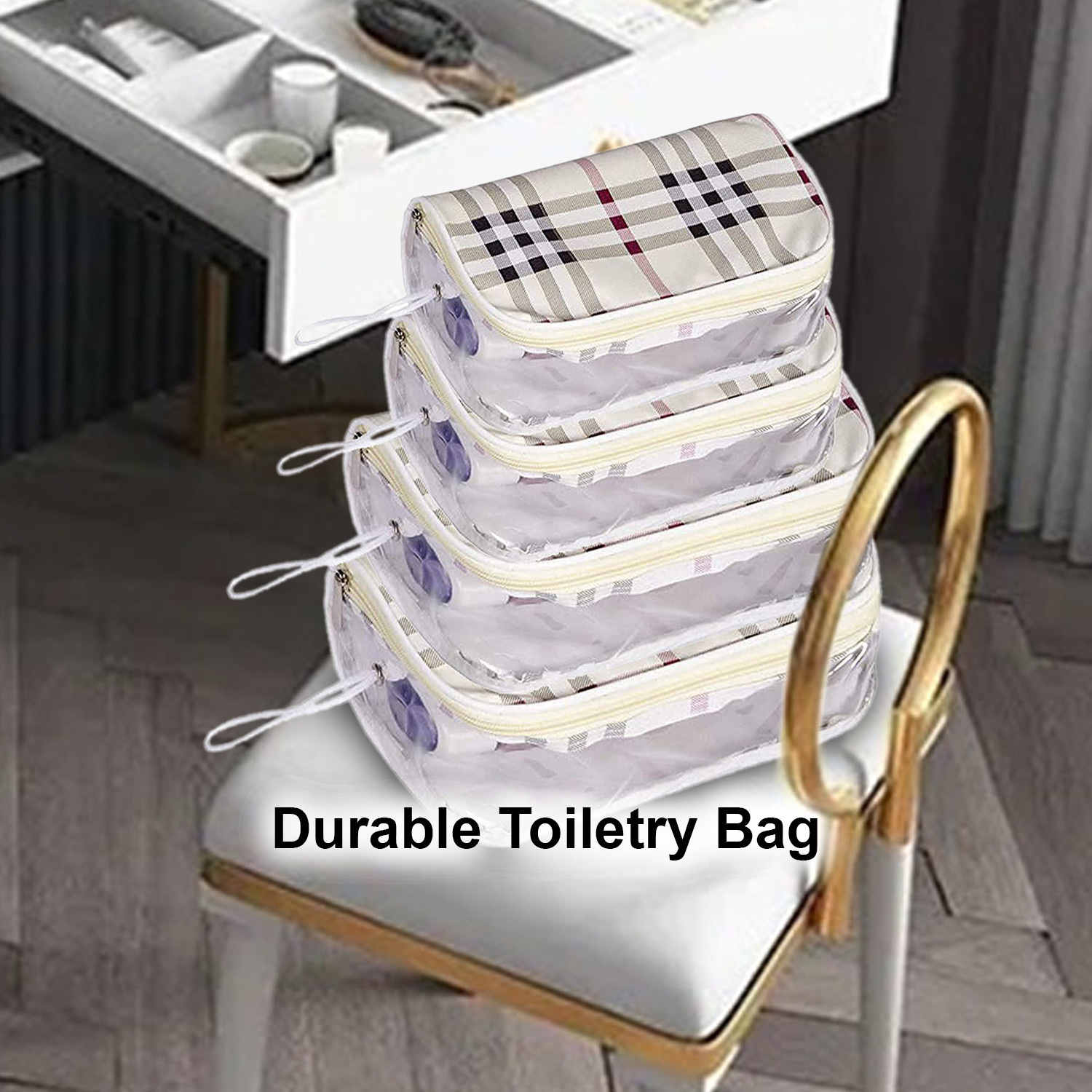 Kuber Industries Multiuses Rexine Check Print Travel Toiletry Bag/Dopp Kit For Traveling Set of 4 (White)