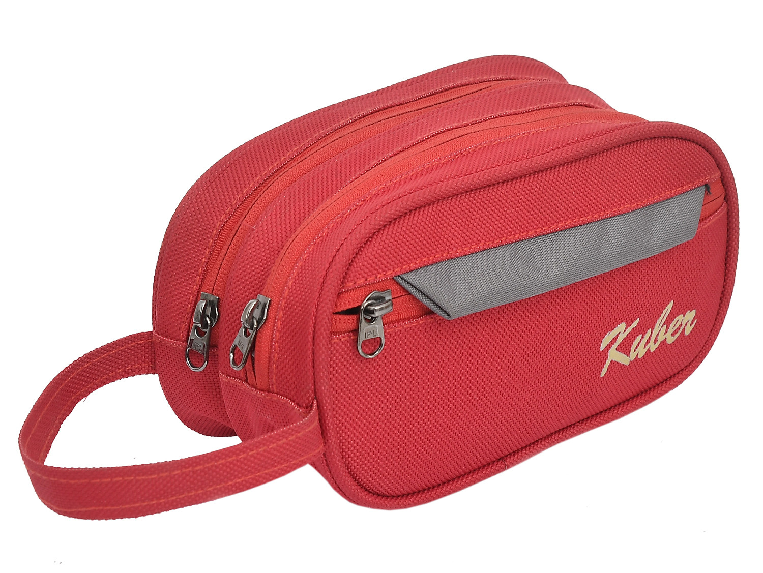 Kuber Industries Multiuses Rexine Travel Toilerty bag/Shaving Kit/Dopp Kit/Cosmetic Bag With 3 Zipper Comparments & Carrying Strip (Red)