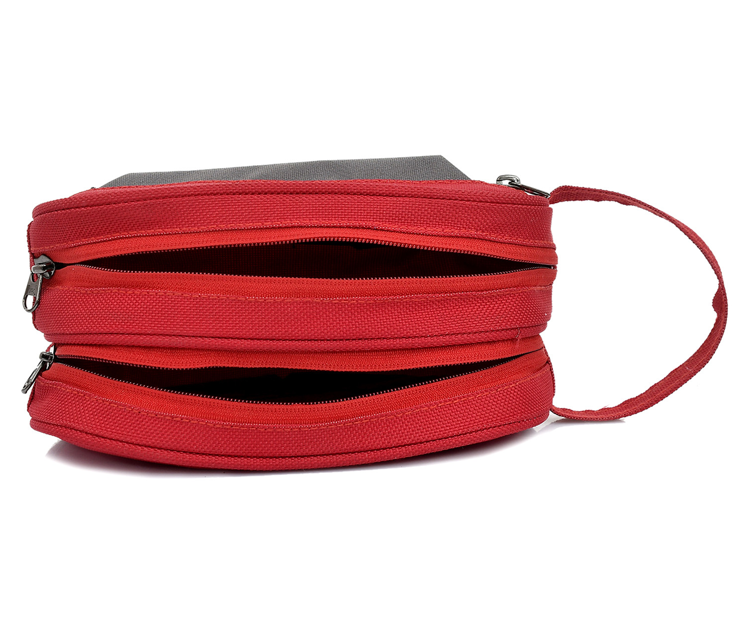Kuber Industries Multiuses Rexine Travel Toilerty bag/Shaving Kit/Dopp Kit/Cosmetic Bag With 3 Zipper Comparments & Carrying Strip (Red)