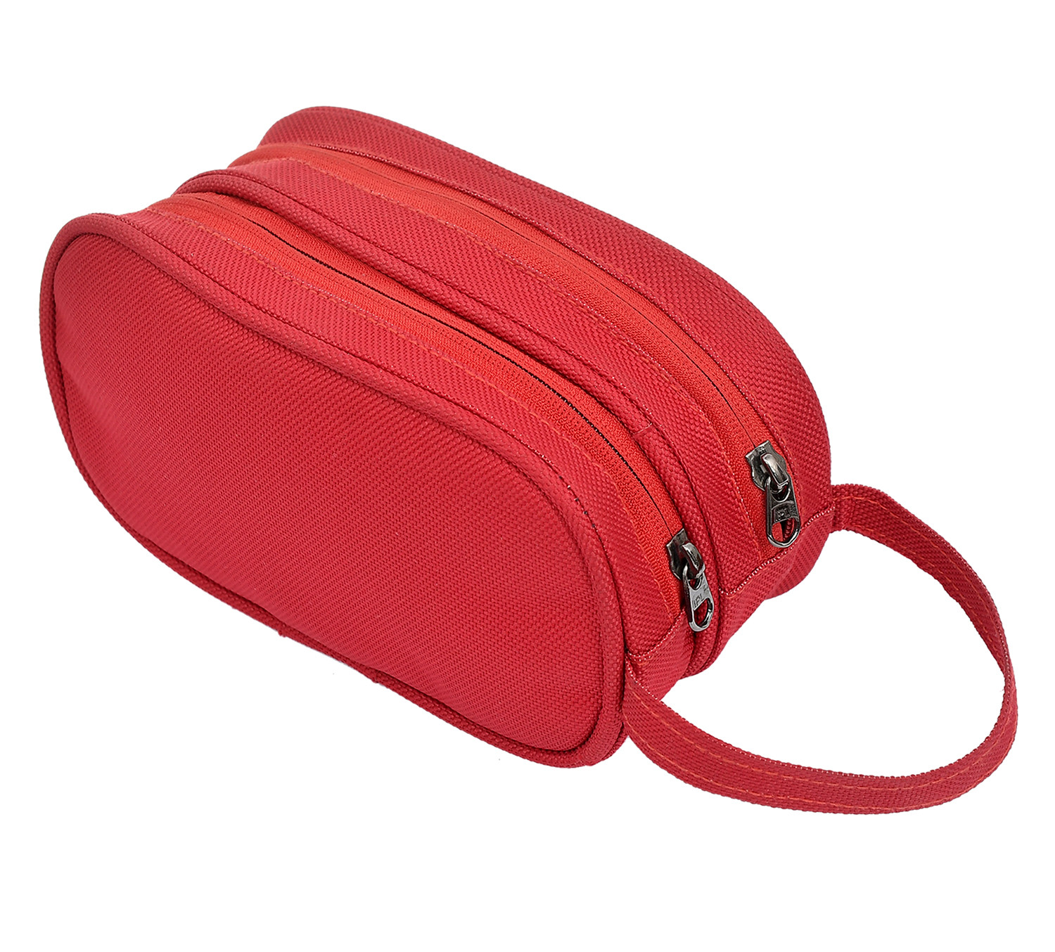 Kuber Industries Multiuses Rexine Travel Toilerty bag/Shaving Kit/Dopp Kit/Cosmetic Bag With 3 Zipper Comparments & Carrying Strip (Red)