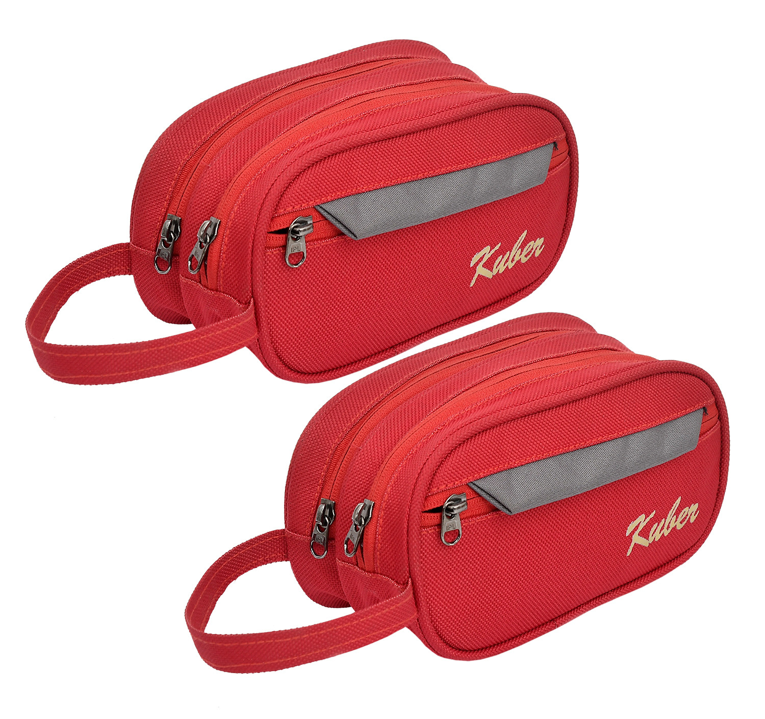 Kuber Industries Multiuses Rexine Travel Toilerty bag/Shaving Kit/Dopp Kit/Cosmetic Bag With 3 Zipper Comparments & Carrying Strip (Red)