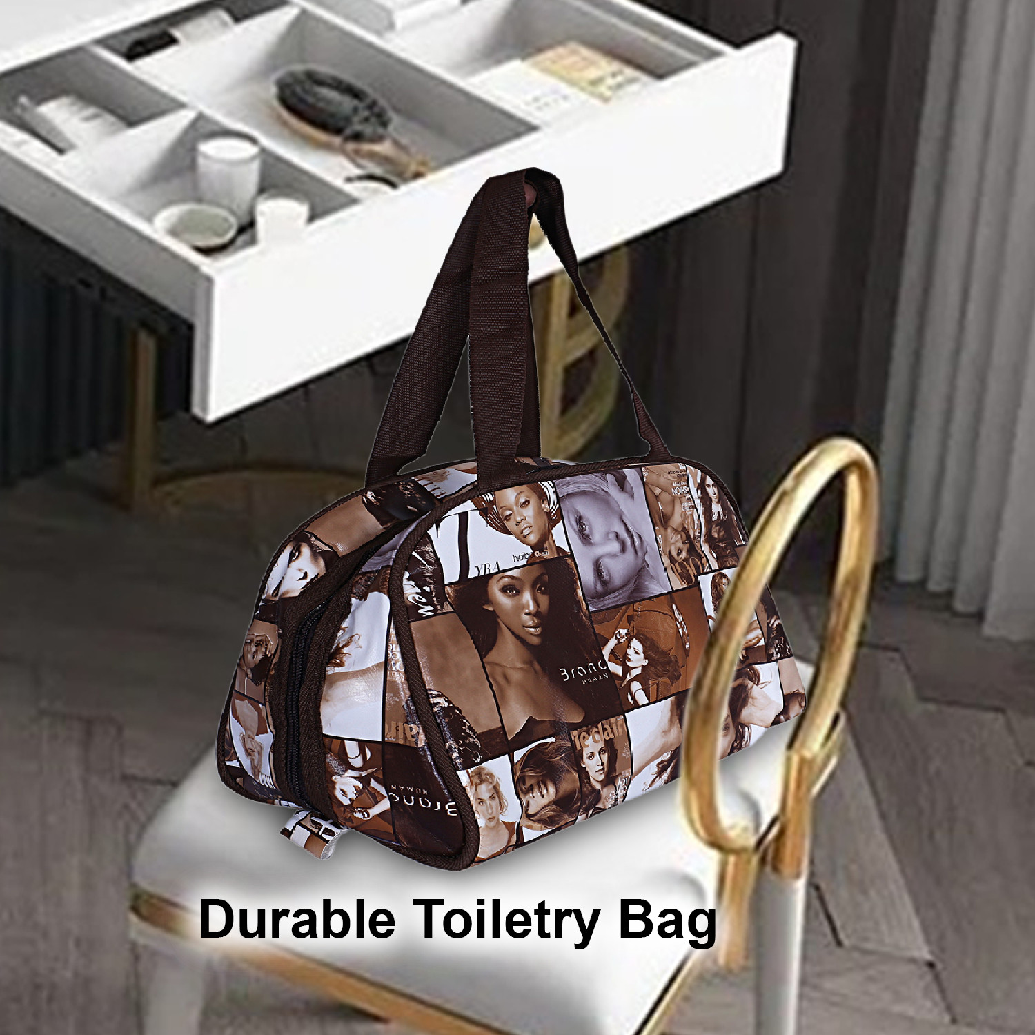 Kuber Industries Multiuses Rexine Women Print Travel Toiletry Bag/Dopp Kit For Traveling (Brown)