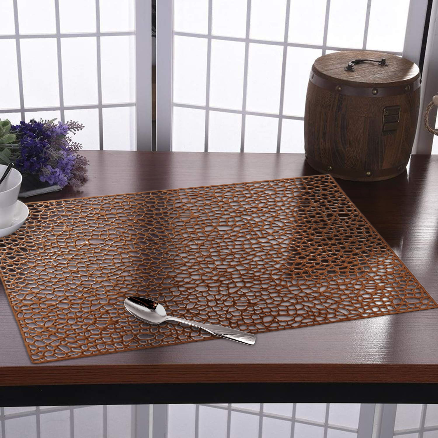 Kuber Industries Multiuses Seamless Holes Design Rubber Rectangle Table Placemat for kitchen, Dining Table Set of 6 (Copper)