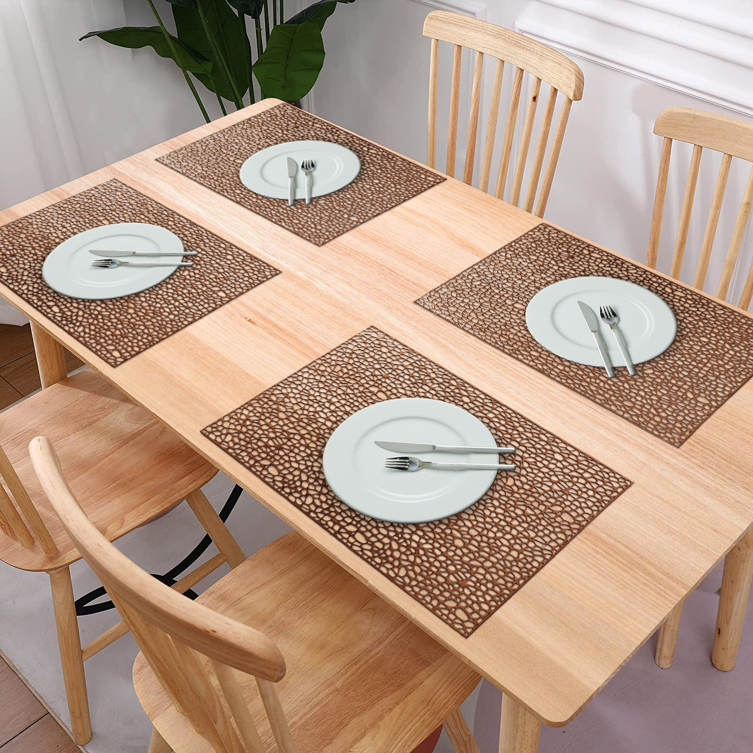 Kuber Industries Multiuses Seamless Holes Design Rubber Rectangle Table Placemat for kitchen, Dining Table Set of 6 (Copper)