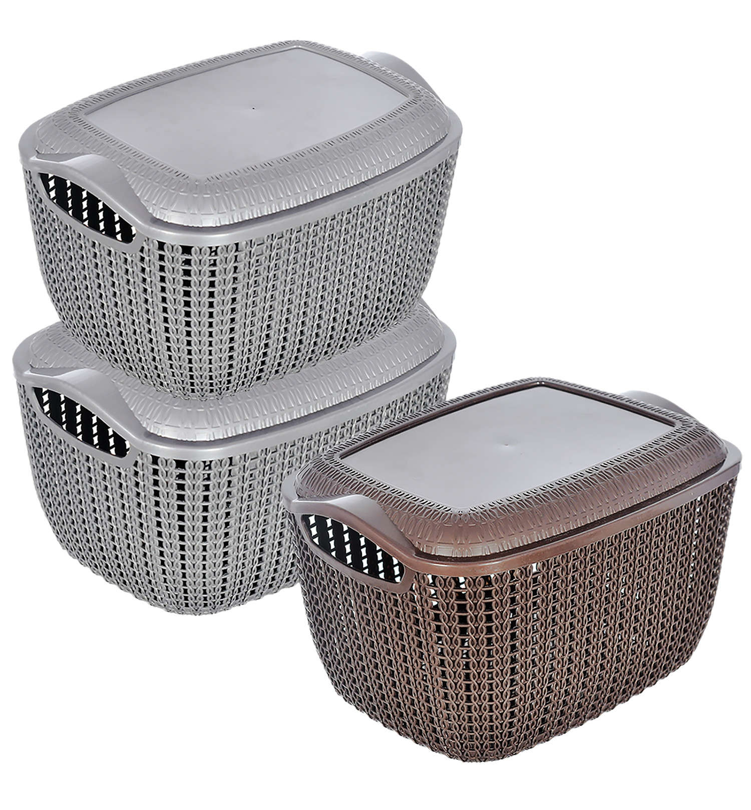 Kuber Industries Multiuses Small M 25 Plastic Basket/Organizer With Lid- Pack of 3 (Grey & Brown & Grey) -46KM049