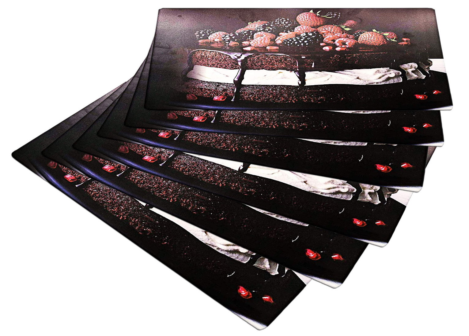 Kuber Industries Multiuses Strawberry Print PVC Table Placemat for kitchen, Dining Table Set of 6 (Black)