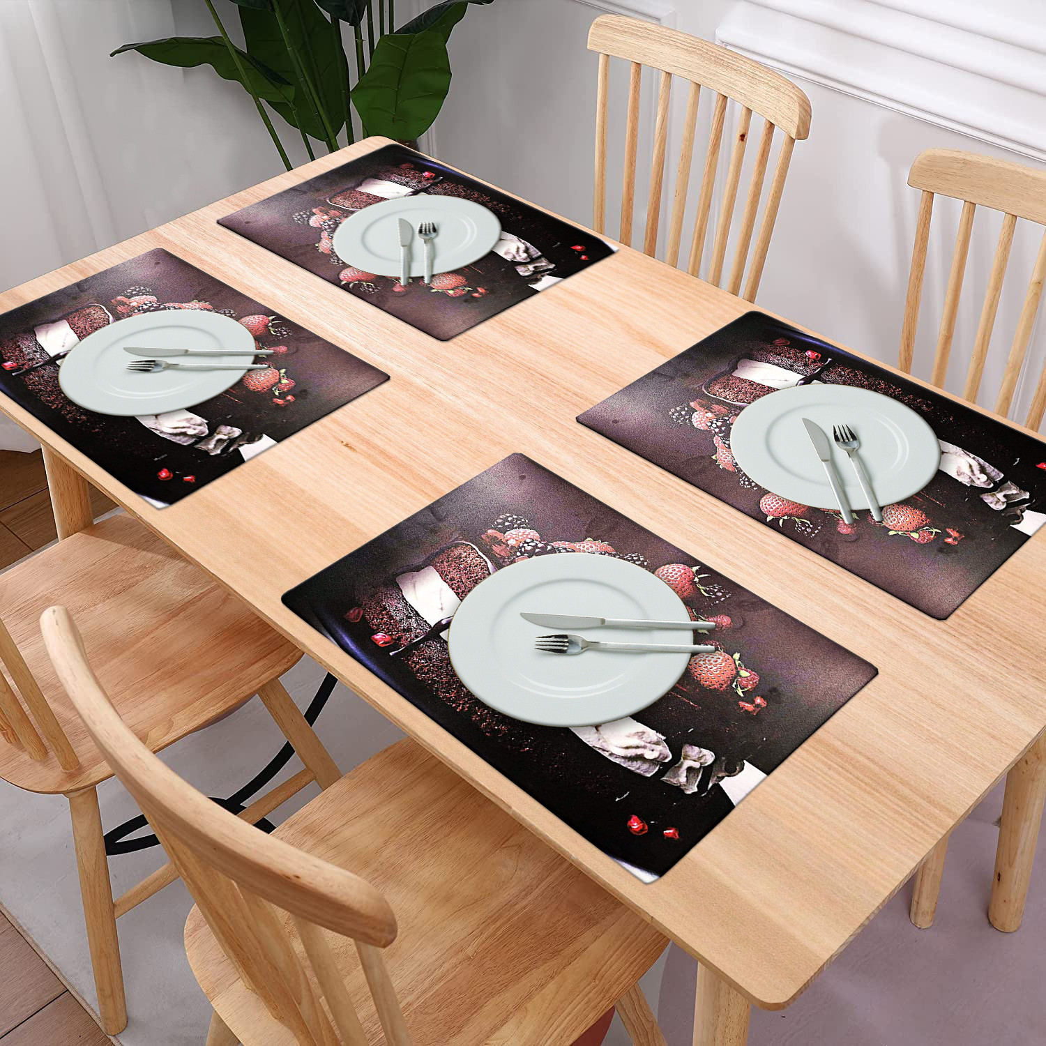 Kuber Industries Multiuses Strawberry Print PVC Table Placemat for kitchen, Dining Table Set of 6 (Black)