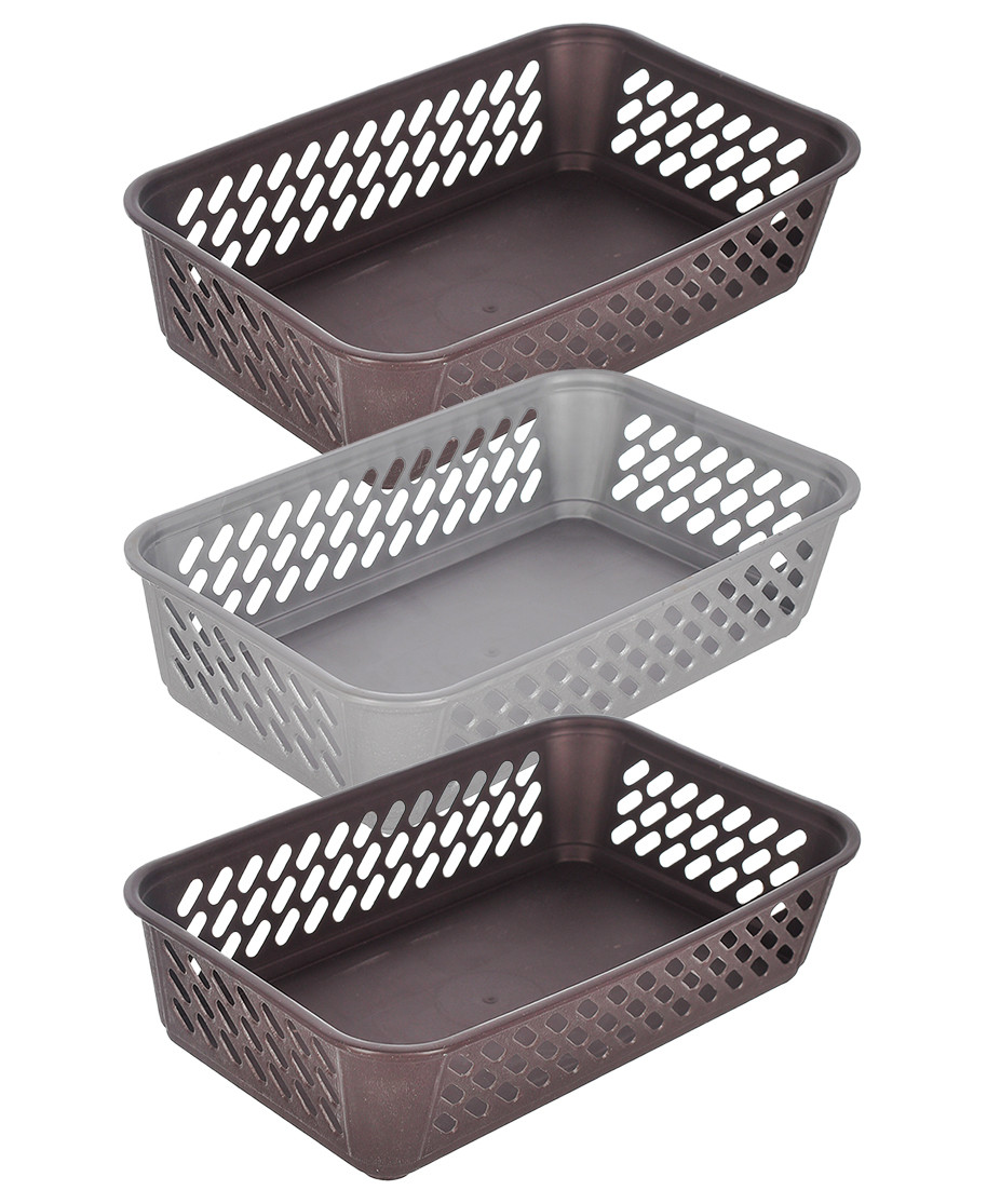 Kuber Industries Multiuses Super Tidy Plastic Tray/Basket/Organizer- Pack of 3 (Brown & Grey & Brown) -46KM0585