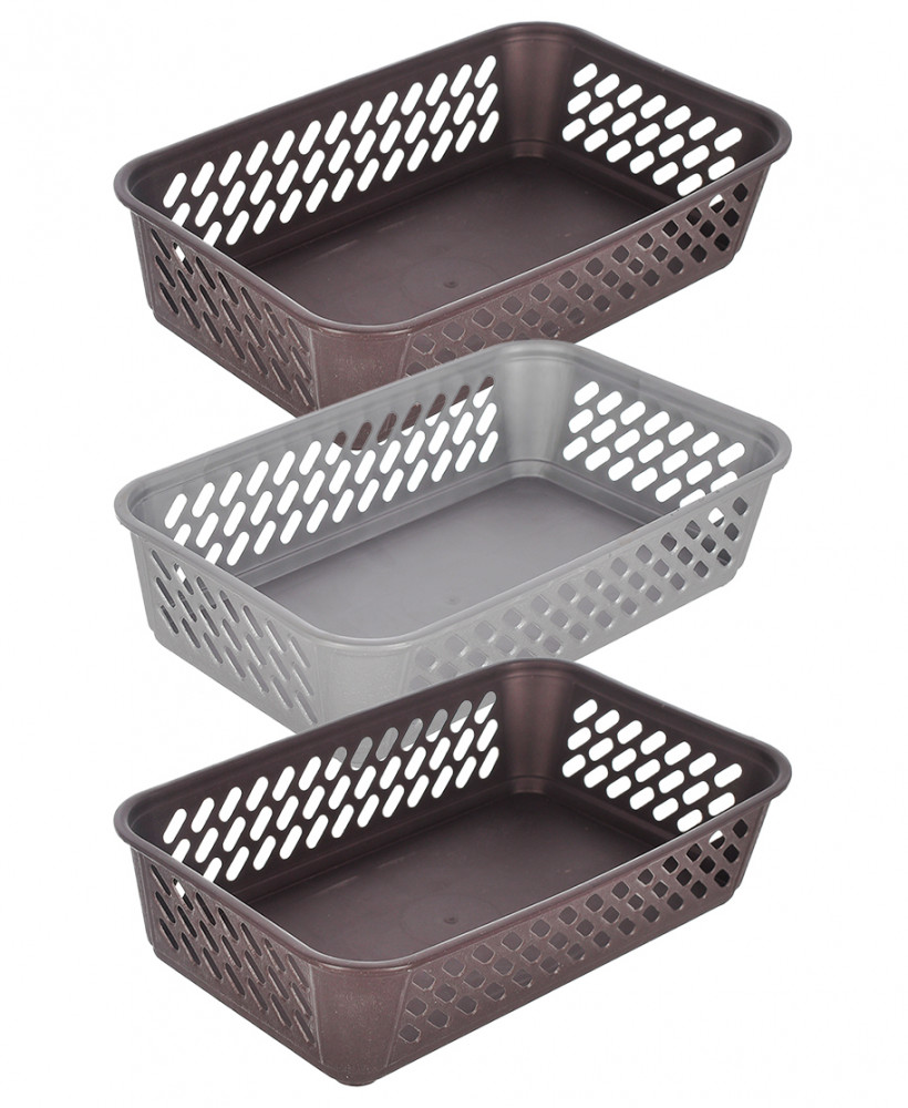 Kuber Industries Multiuses Super Tidy Plastic Tray/Basket/Organizer- Pack of 3 (Brown &amp; Grey &amp; Brown) -46KM0585
