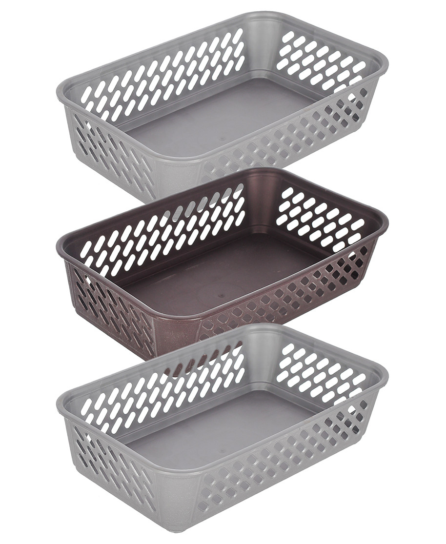 Kuber Industries Multiuses Super Tidy Plastic Tray/Basket/Organizer- Pack of 3 (Grey & Brown & Grey) -46KM0583